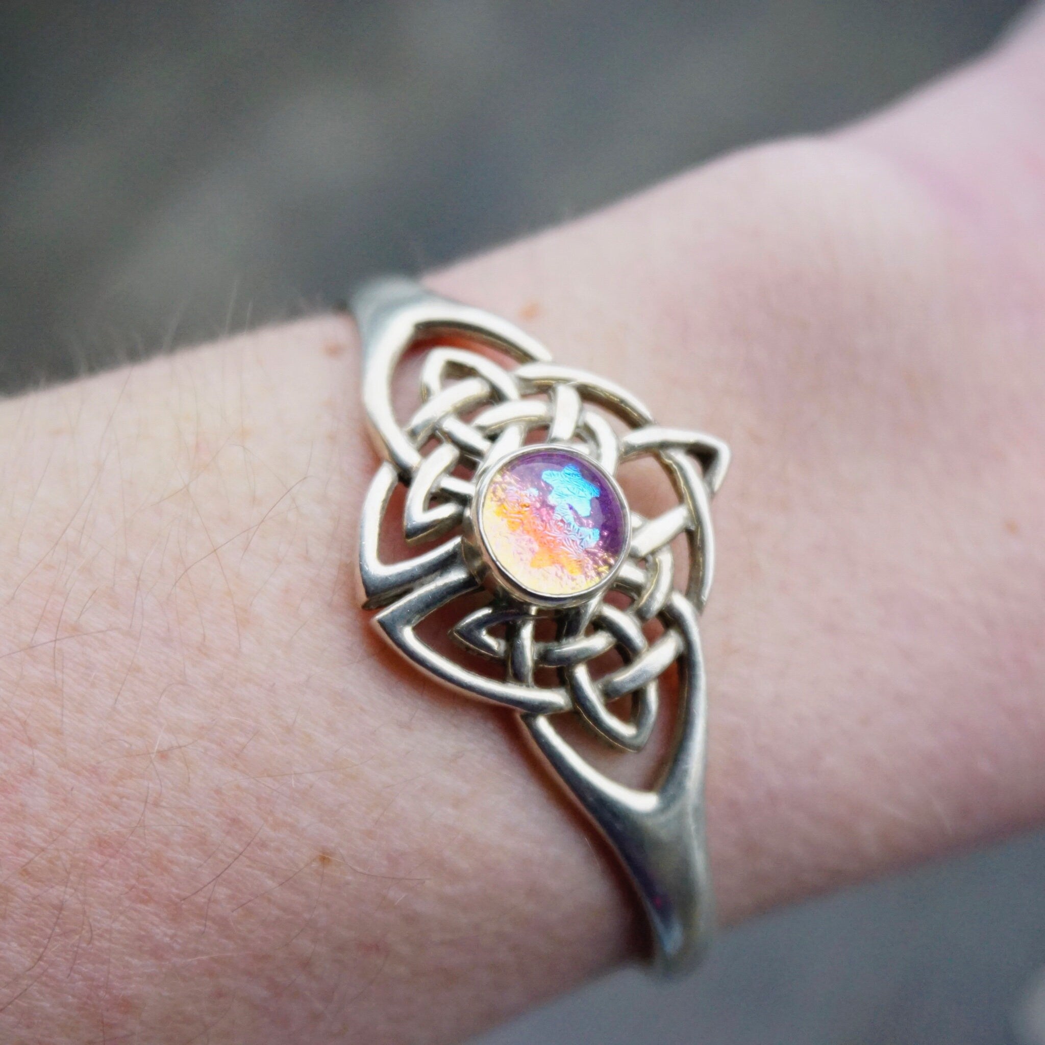 Vintage Synthetic Opal Sterling Silver Cuff, Sterling Silver Cuff With Celtic Knott Design, Silver Cut Out Cuff With Opal Stone, 925 jewelry