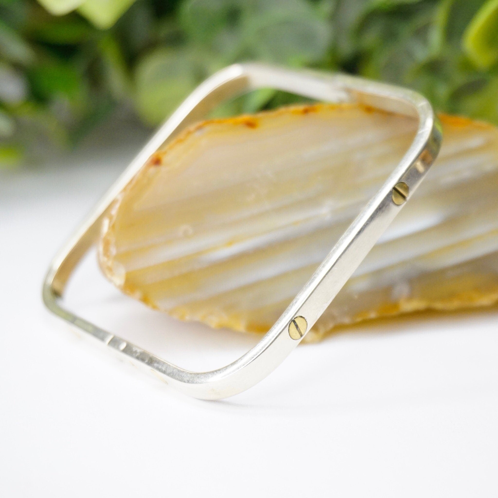 Vintage Square Sterling Silver Hinged Bangle With Brass Screw Accents, Cartier Style, Minimalist Sterling Silver Bangle, Mexico 925 Jewelry