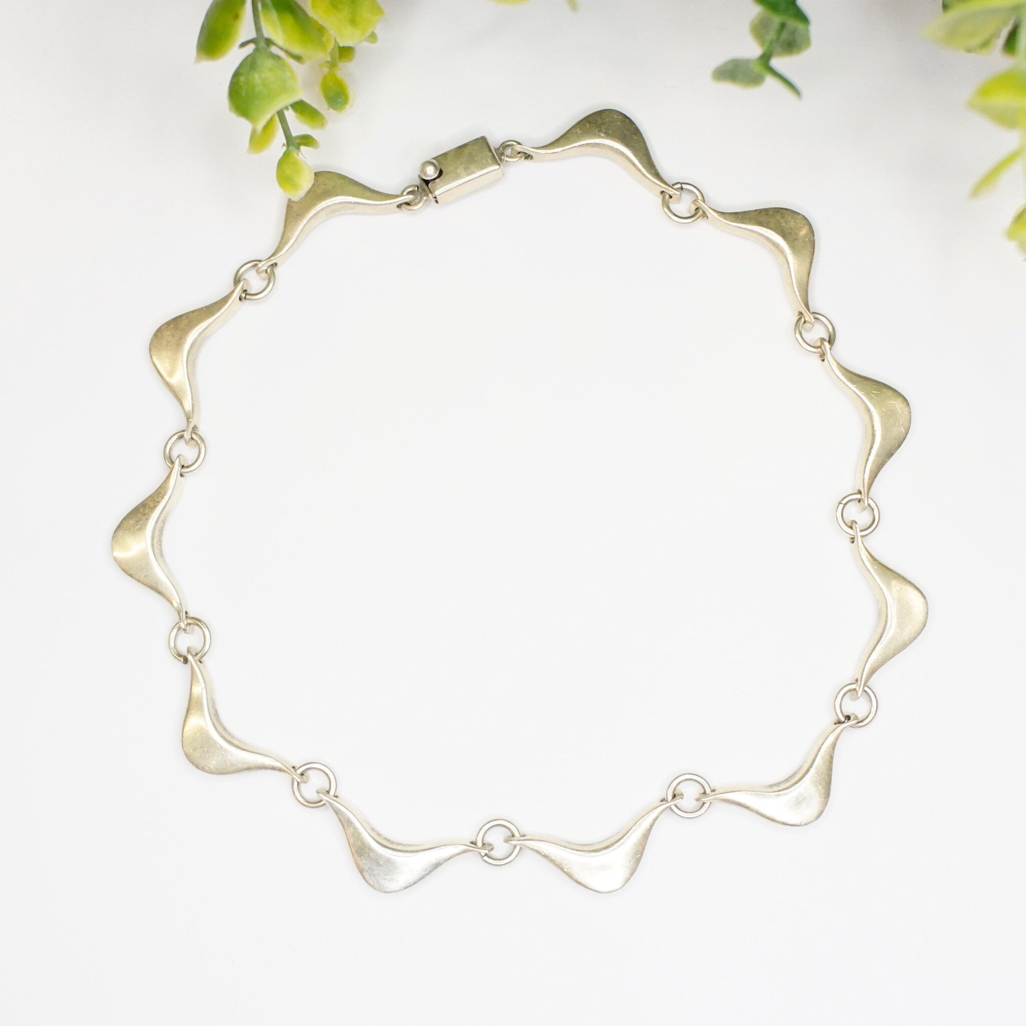 Vintage Modernist Sterling Silver Choker Necklace, Unique Wavy Silver Link Choker Necklace, Minimalist Sterling Silver Necklace, Mexico 925