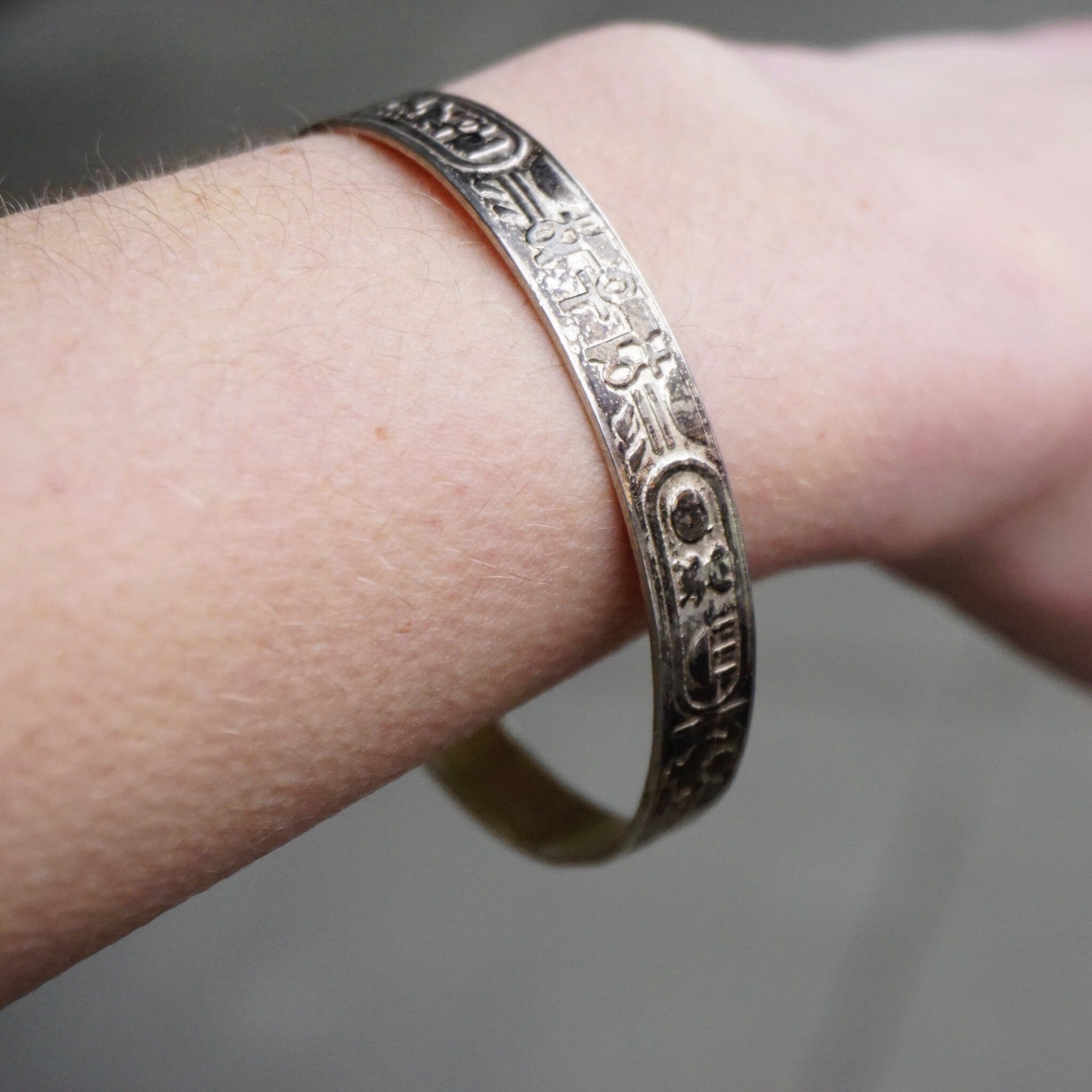 Vintage TAXCO Sterling Silver Hieroglyphic Bangle Bracelet, Antique Silver Bangle With Egyptian Motifs, Made In Mexico, 925 Jewelry