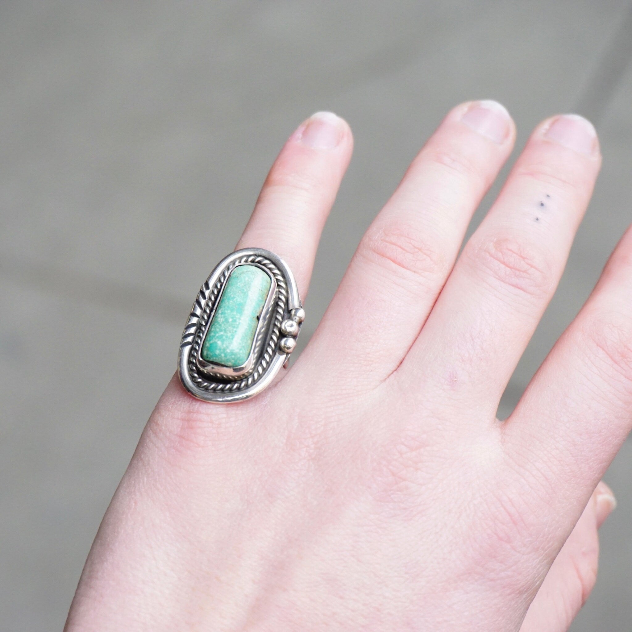 Vintage Native American Turquoise Ring, Handmade Silver And Turquoise Ring, Long Finger Ring With Natural Turquoise, Size 7 1/2 US