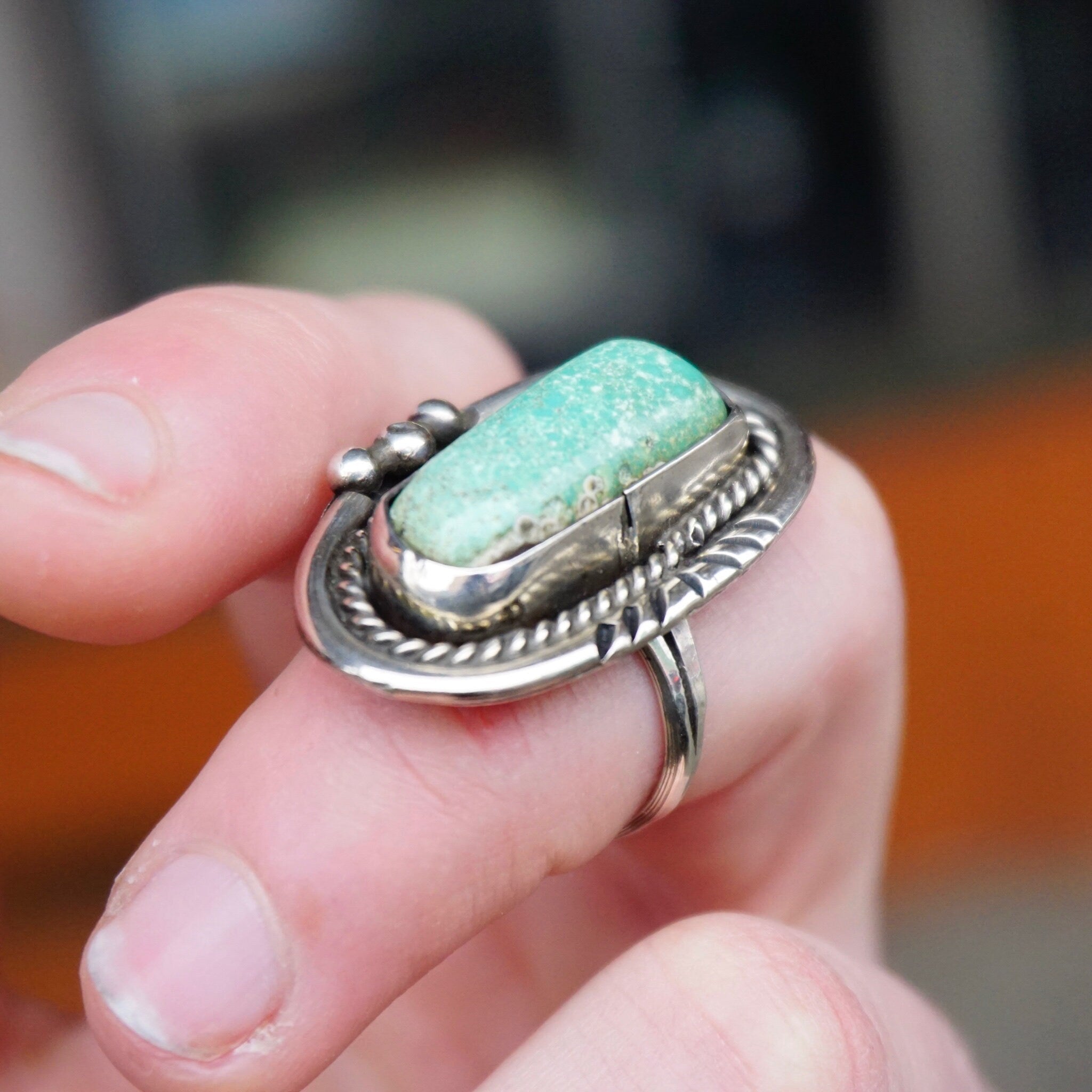 Vintage Native American Turquoise Ring, Handmade Silver And Turquoise Ring, Long Finger Ring With Natural Turquoise, Size 7 1/2 US