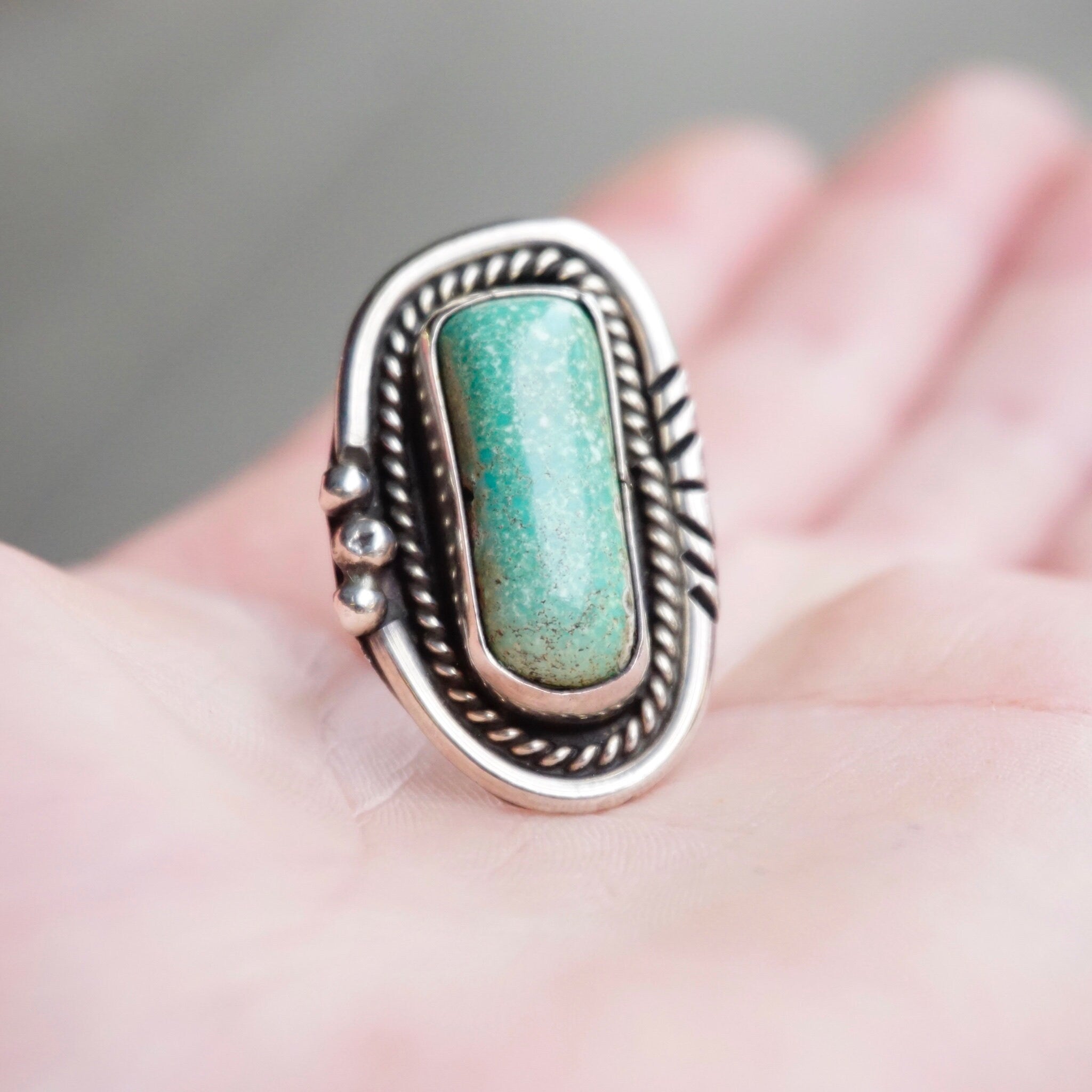 Vintage Native American Turquoise Ring, Handmade Silver And Turquoise Ring, Long Finger Ring With Natural Turquoise, Size 7 1/2 US