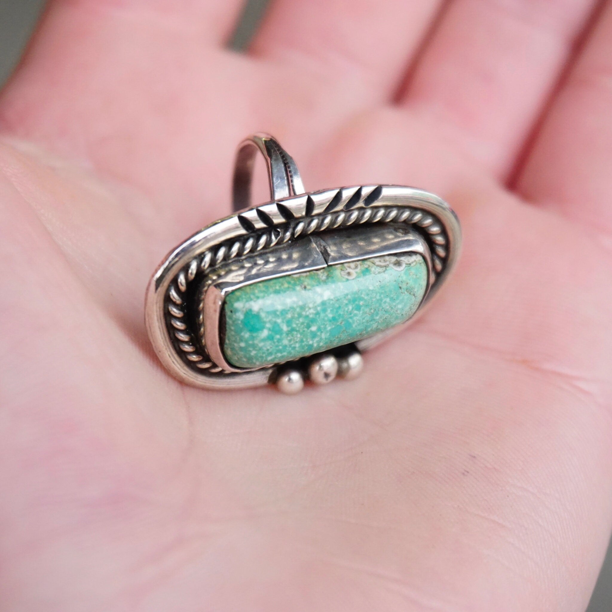 Vintage Native American Turquoise Ring, Handmade Silver And Turquoise Ring, Long Finger Ring With Natural Turquoise, Size 7 1/2 US