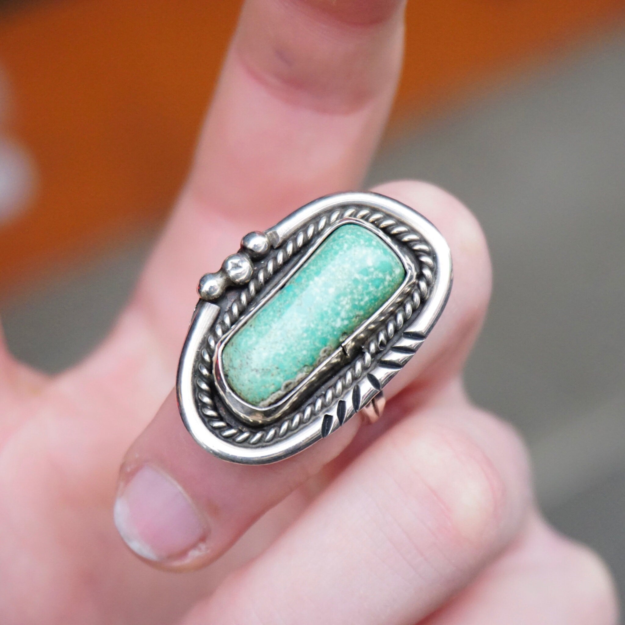 Vintage Native American Turquoise Ring, Handmade Silver And Turquoise Ring, Long Finger Ring With Natural Turquoise, Size 7 1/2 US