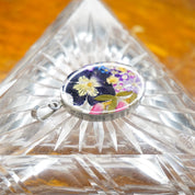 Vintage Dried Flower Resin Sterling Silver Pendant, ATI 925 Mexico Oval Pendant, Pressed Purple Flower Pendant Set In Silver, 925 Jewelry
