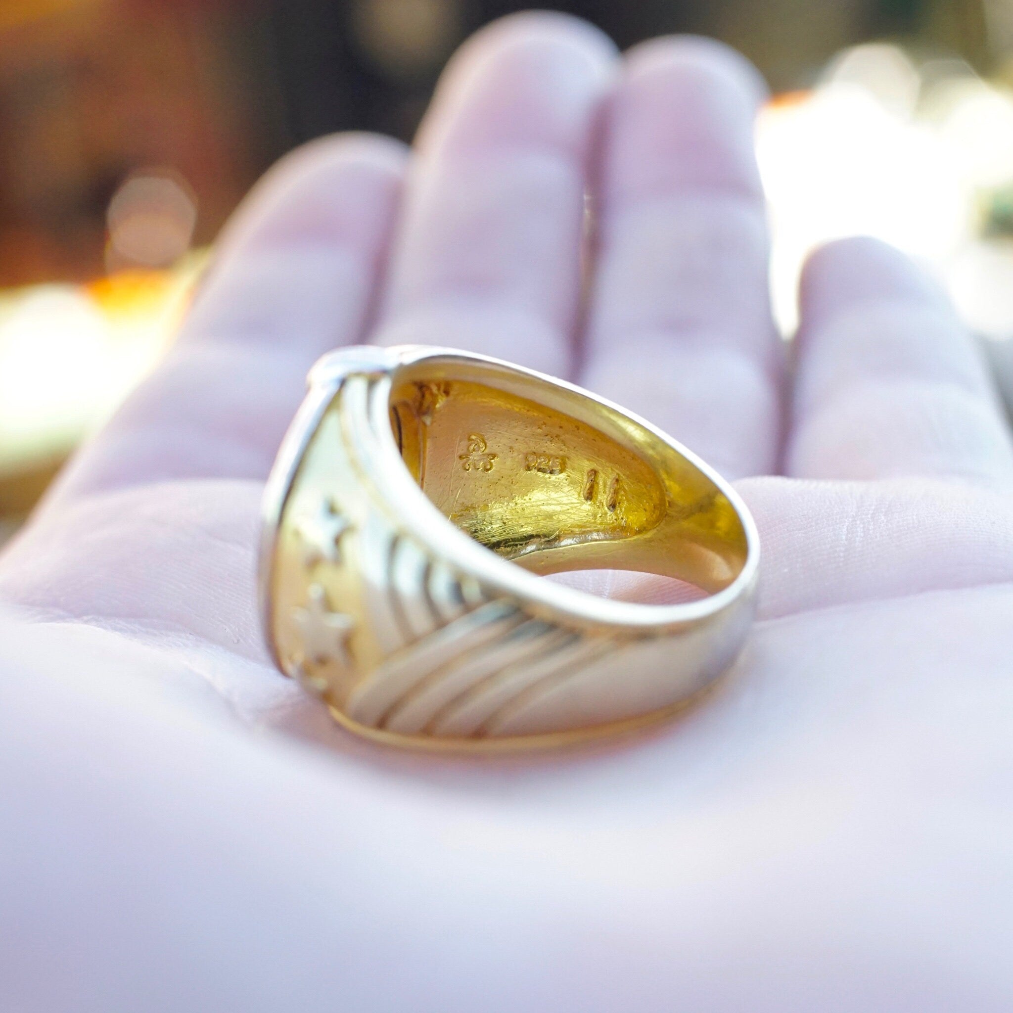 Vintage Gold Plated Sterling Silver Eagle Coin Ring, Two-Tone Embossed American Eagle Ring With Accent Stone, Large Gold Ring, Size 11 US
