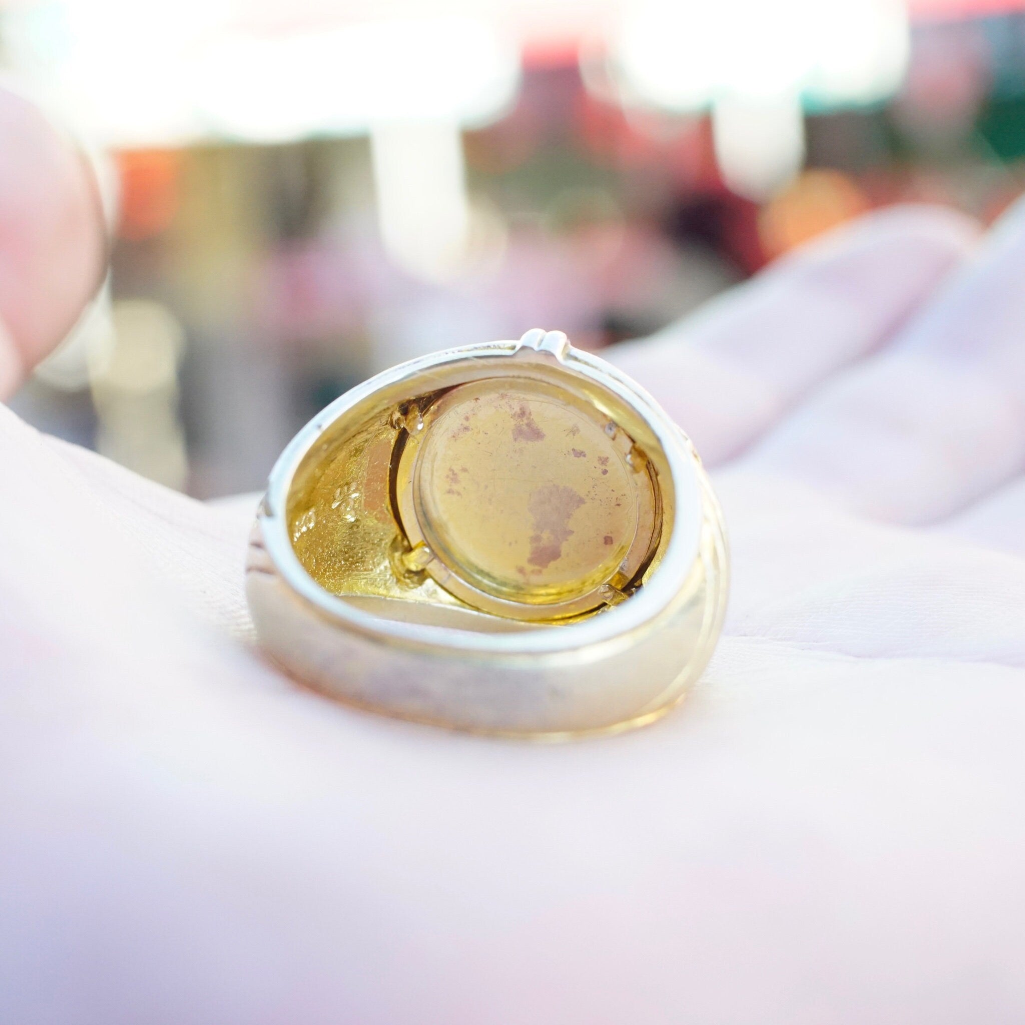 Vintage Gold Plated Sterling Silver Eagle Coin Ring, Two-Tone Embossed American Eagle Ring With Accent Stone, Large Gold Ring, Size 11 US