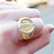 Vintage Gold Plated Sterling Silver Eagle Coin Ring, Two-Tone Embossed American Eagle Ring With Accent Stone, Large Gold Ring, Size 11 US