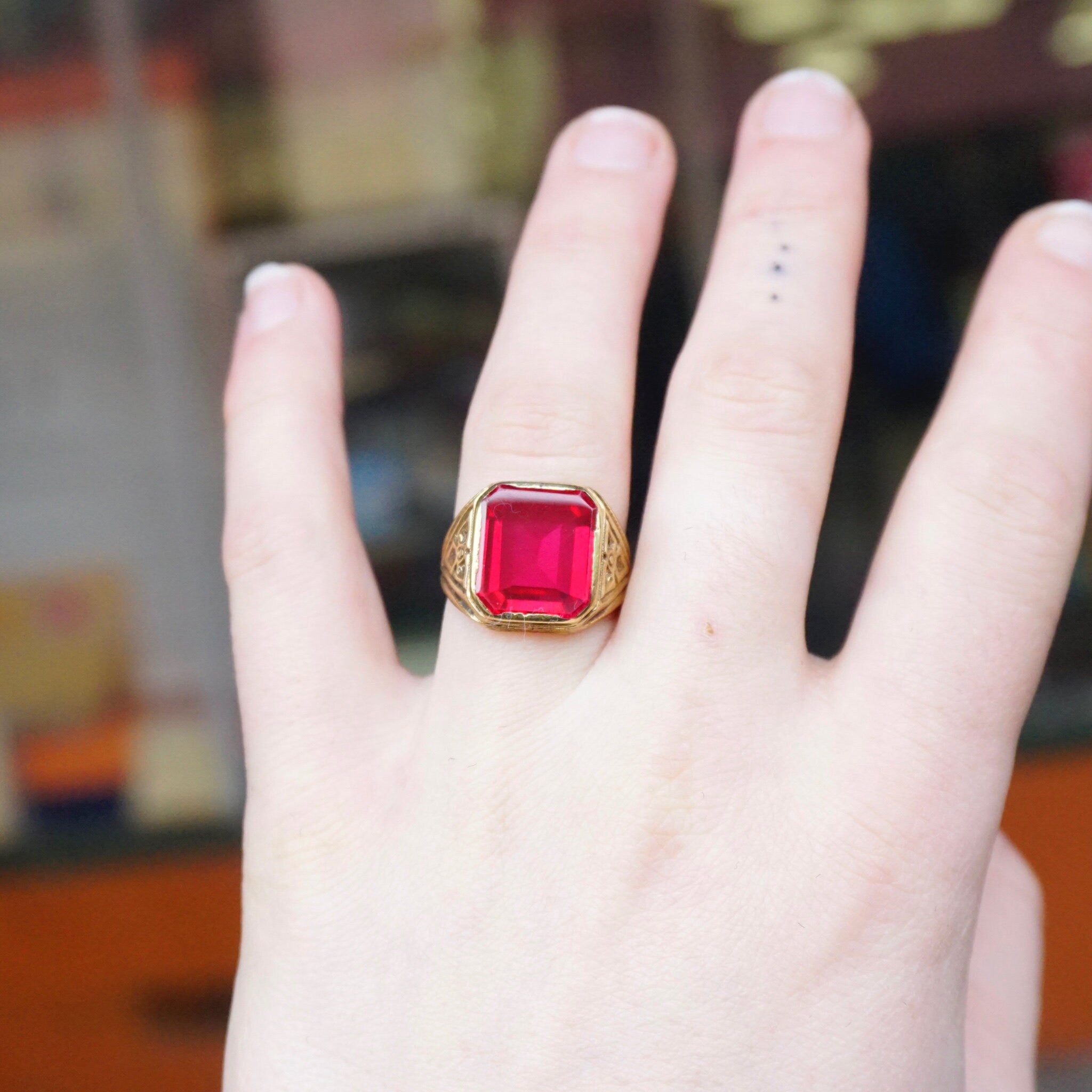 Vintage 14K Gold Ruby Glass Ring, Men's Yellow Gold Estate Ring With Synthetic Ruby Stone, Etched 14K Gold Ring, Statement Ring, Size 8 US