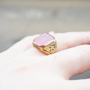 Vintage 14K Gold Ruby Glass Ring, Men's Yellow Gold Estate Ring With Synthetic Ruby Stone, Etched 14K Gold Ring, Statement Ring, Size 8 US