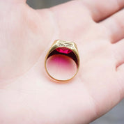 Vintage 14K Gold Ruby Glass Ring, Men's Yellow Gold Estate Ring With Synthetic Ruby Stone, Etched 14K Gold Ring, Statement Ring, Size 8 US