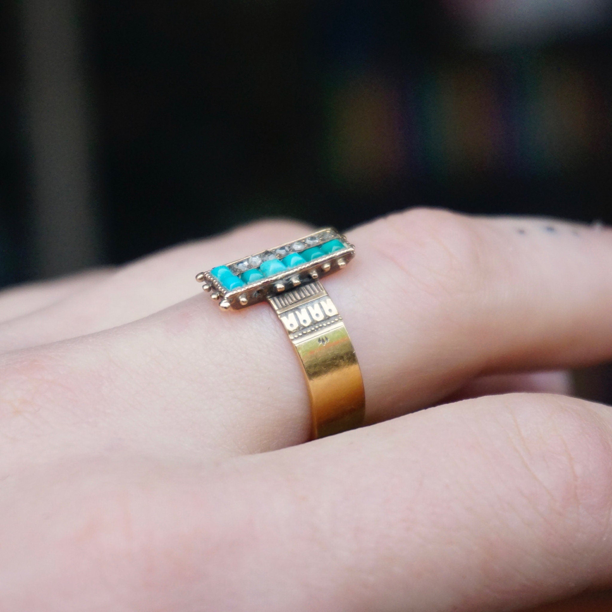 Victorian 14K Gold Turquoise & Diamond Ring, Antique Yellow Gold Ring With Etched Details, Unique Turquoise and Diamond Ring, Size 9 3/4 US
