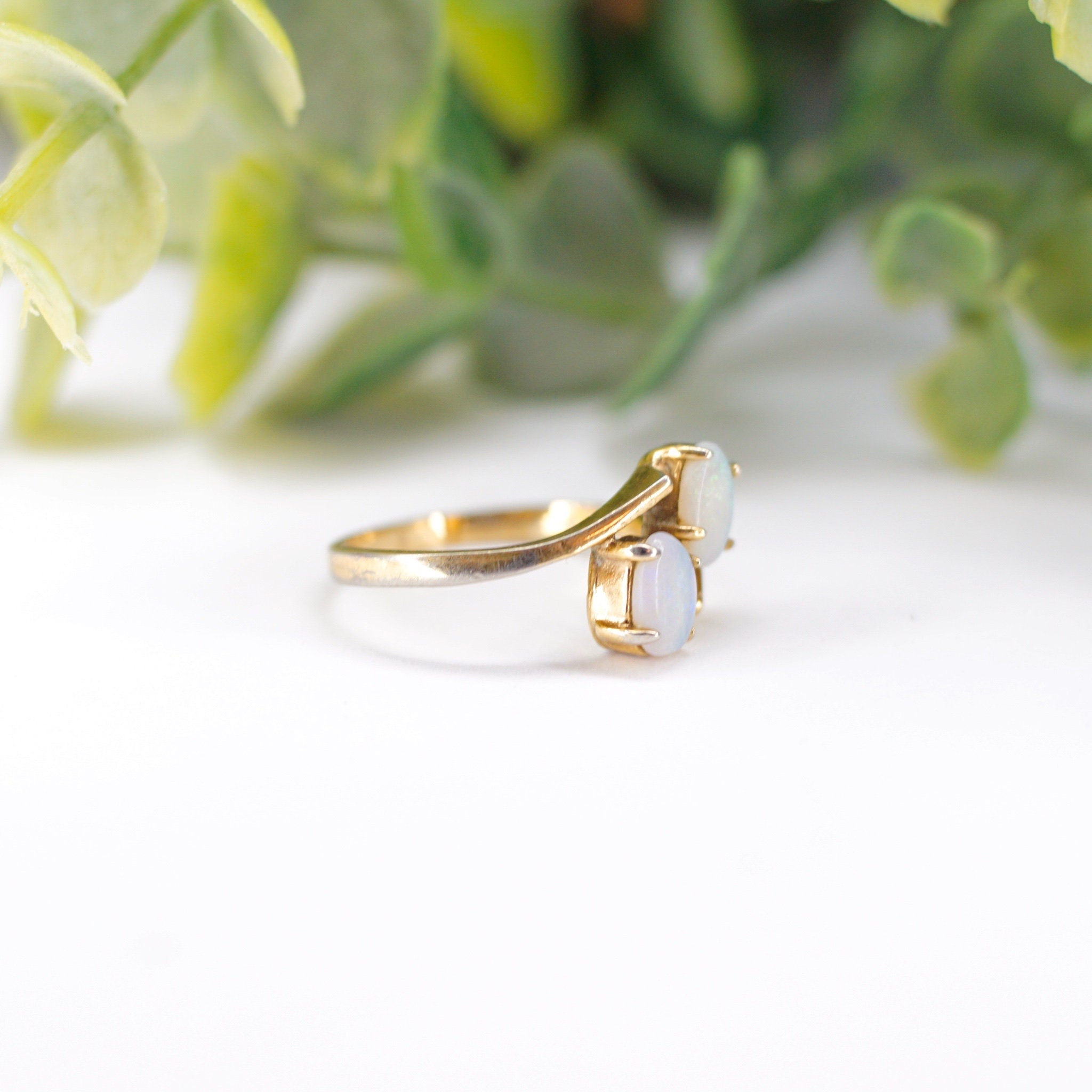 Vintage 18KT HGE Opal Ring, Beautiful Gold Ring With Offset Opal Stones, Petite Gold Plated Synthetic Opal Ring, Size 4 1/2 US