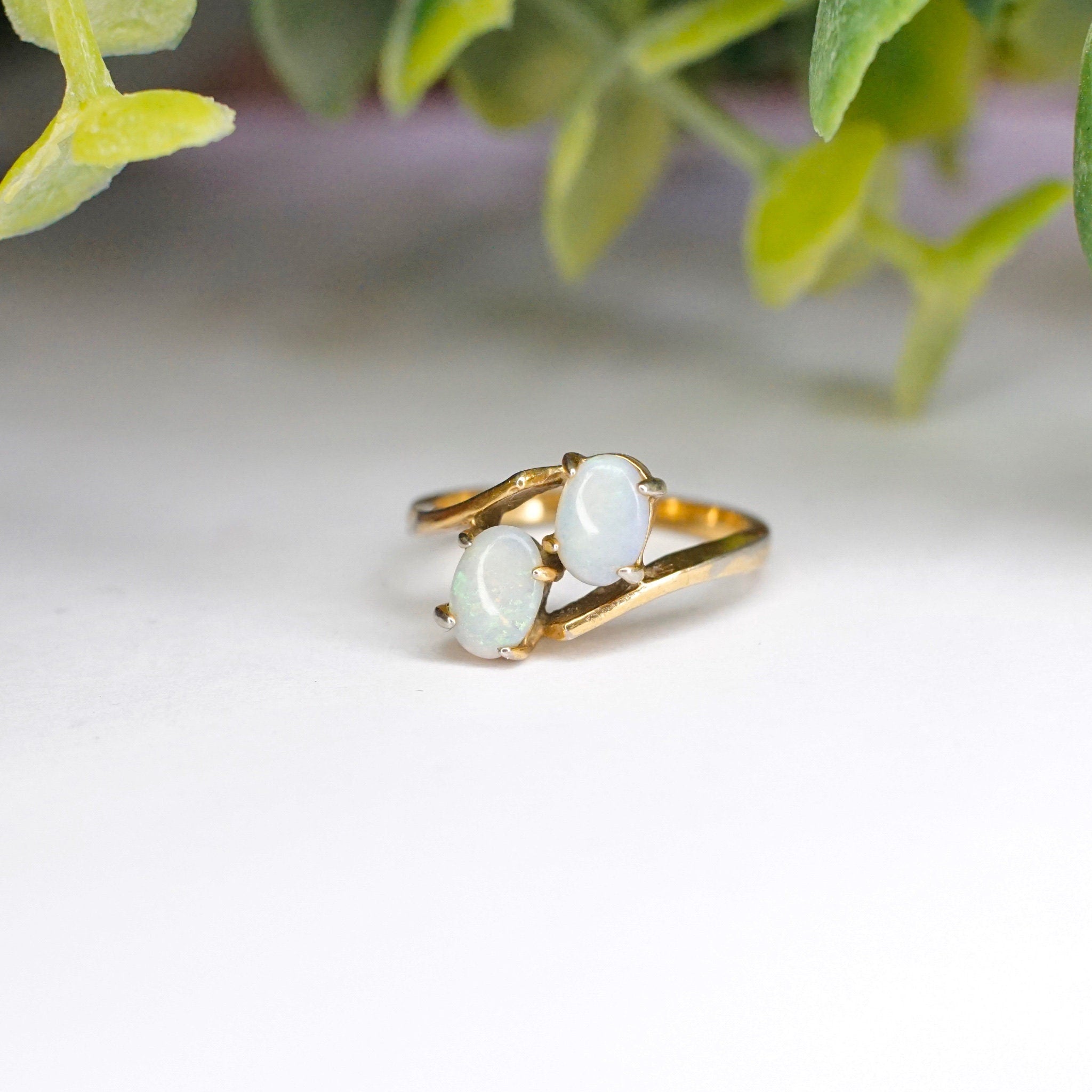 Vintage 18KT HGE Opal Ring, Beautiful Gold Ring With Offset Opal Stones, Petite Gold Plated Synthetic Opal Ring, Size 4 1/2 US