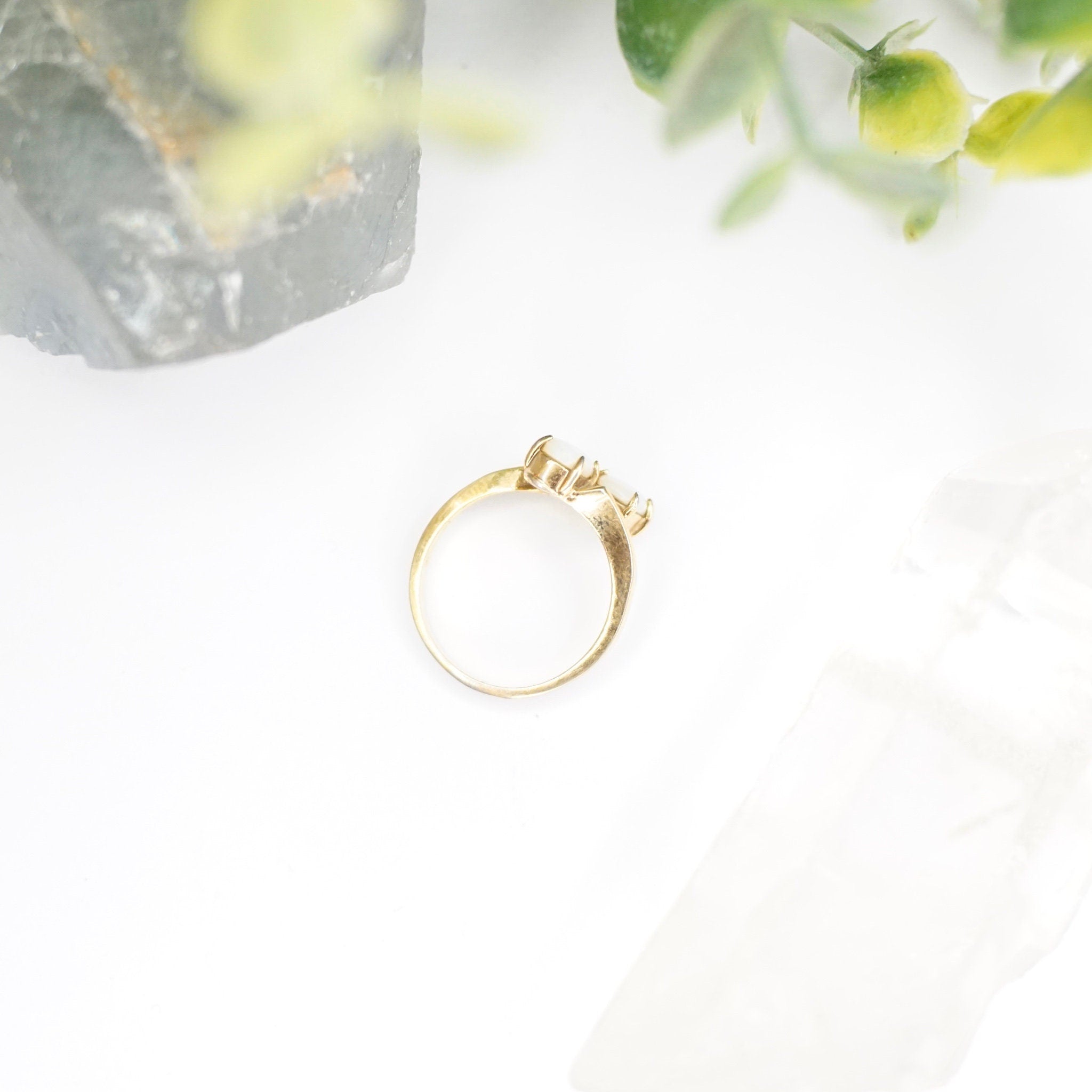 Vintage 18KT HGE Opal Ring, Beautiful Gold Ring With Offset Opal Stones, Petite Gold Plated Synthetic Opal Ring, Size 4 1/2 US
