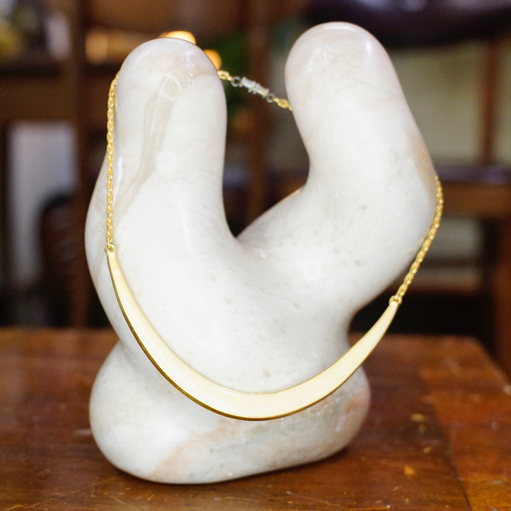 Vintage Gold Tone & White Enamel Curved Bar Collar Necklace, Unique Crescent Panel Choker, Fun Costume Jewelry, Statement Necklace