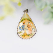 Antique Hand Painted Mother Of Pearl & Silver Pendant, Persian Hand Made Shell Pendant With Silver Border, Painted Tear Drop Pendant
