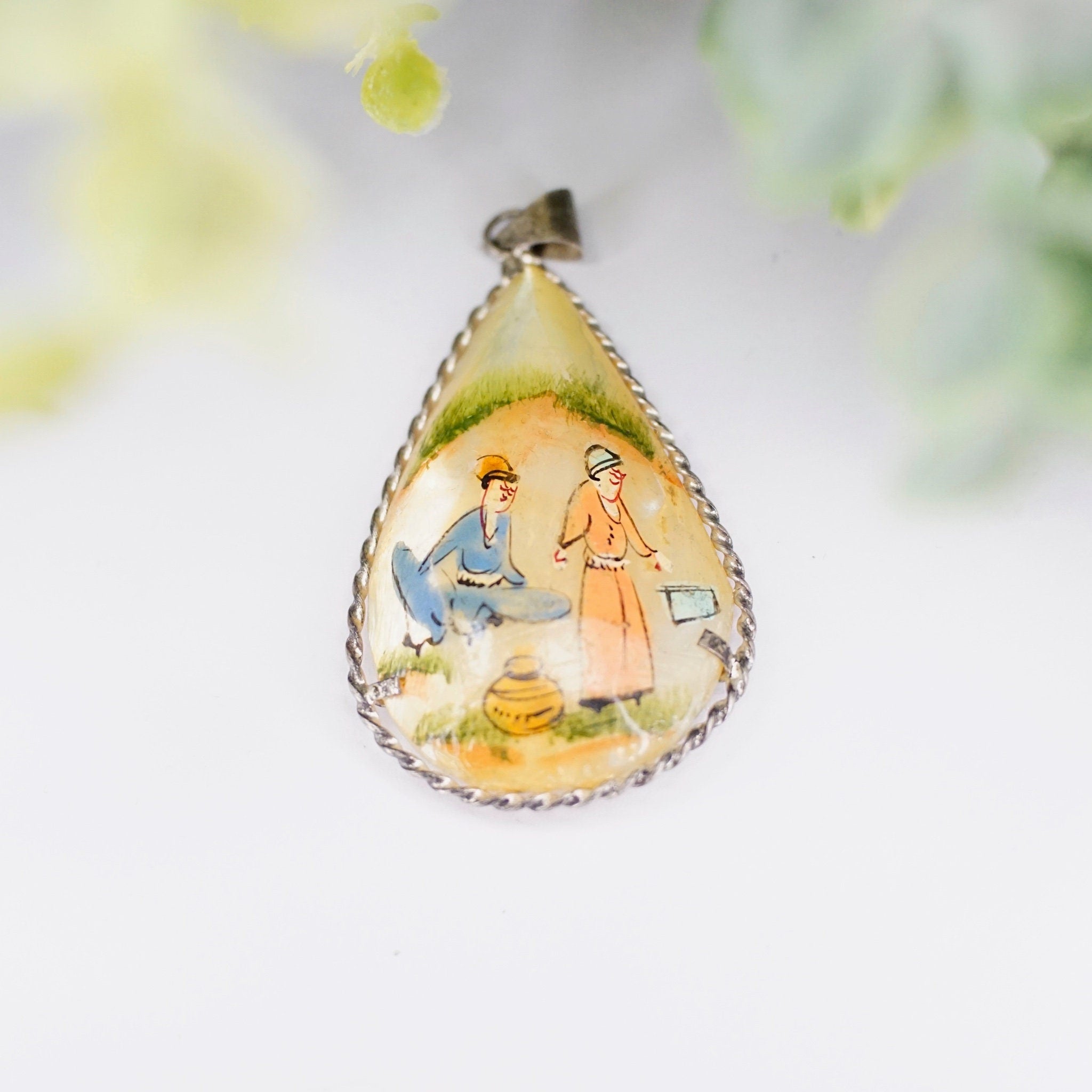 Antique Hand Painted Mother Of Pearl & Silver Pendant, Persian Hand Made Shell Pendant With Silver Border, Painted Tear Drop Pendant