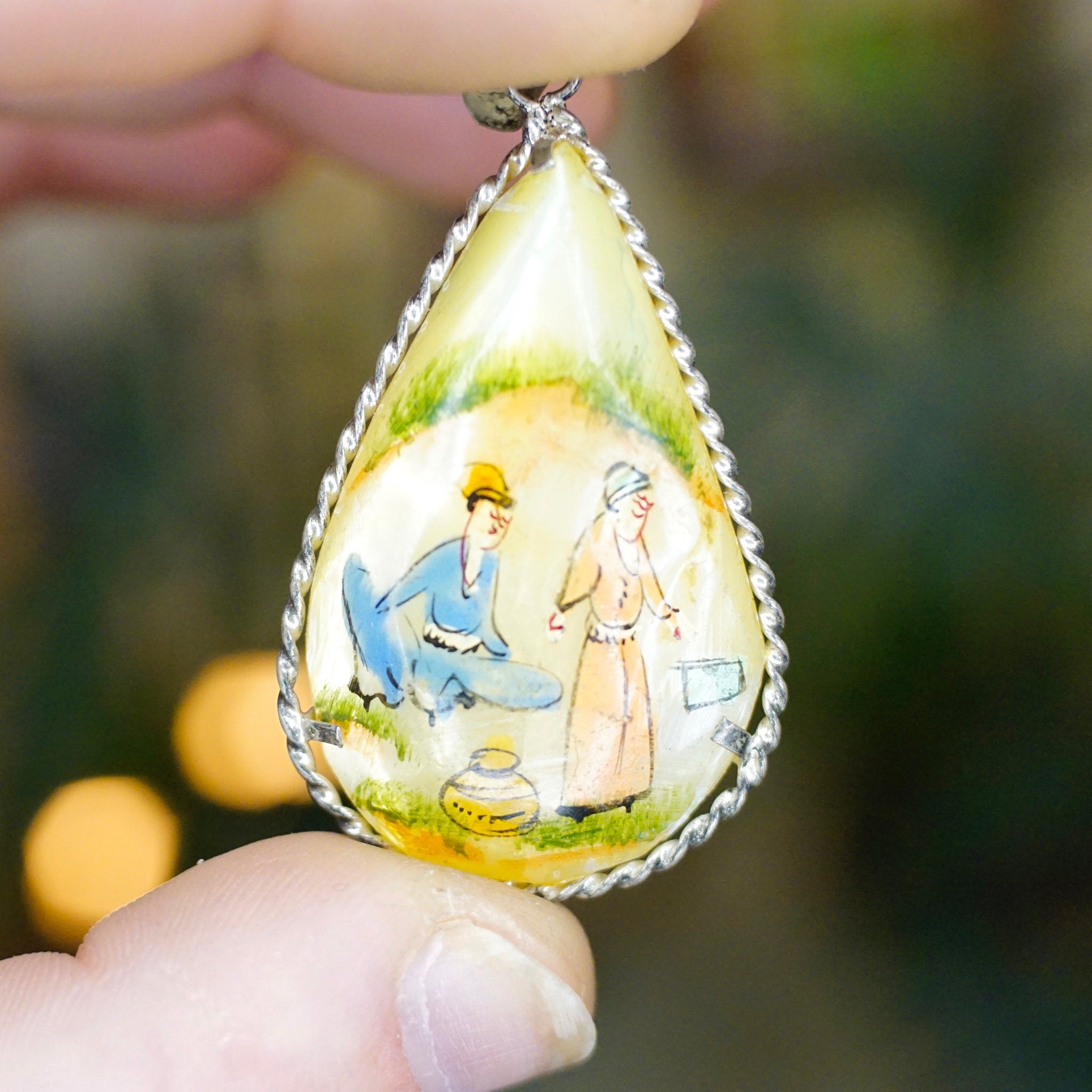 Antique Hand Painted Mother Of Pearl & Silver Pendant, Persian Hand Made Shell Pendant With Silver Border, Painted Tear Drop Pendant