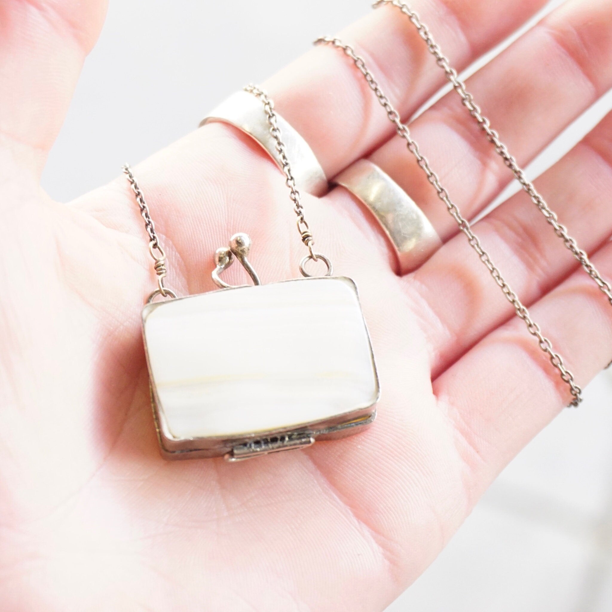 Vintage Mother Of Pearl Pill Box Chain Necklace, Small Silver & Shell Box Pendant With Beaded Cable Chain, Rectangular Pill Box Caddy