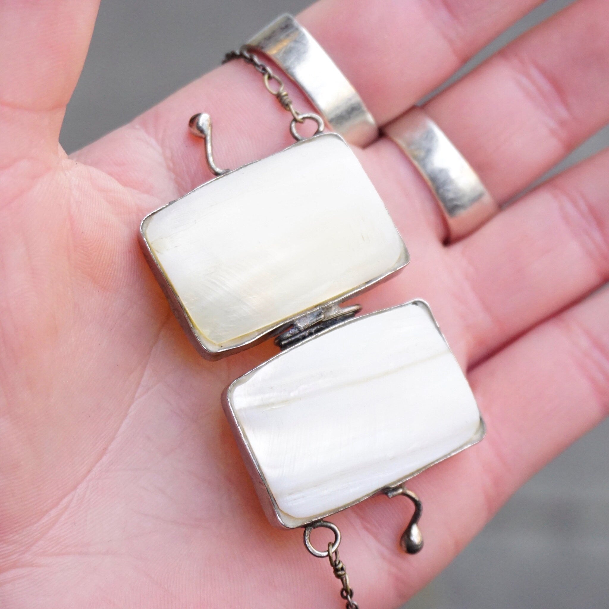 Vintage Mother Of Pearl Pill Box Chain Necklace, Small Silver & Shell Box Pendant With Beaded Cable Chain, Rectangular Pill Box Caddy