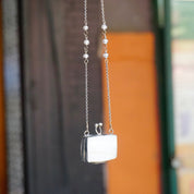 Vintage Mother Of Pearl Pill Box Chain Necklace, Small Silver & Shell Box Pendant With Beaded Cable Chain, Rectangular Pill Box Caddy