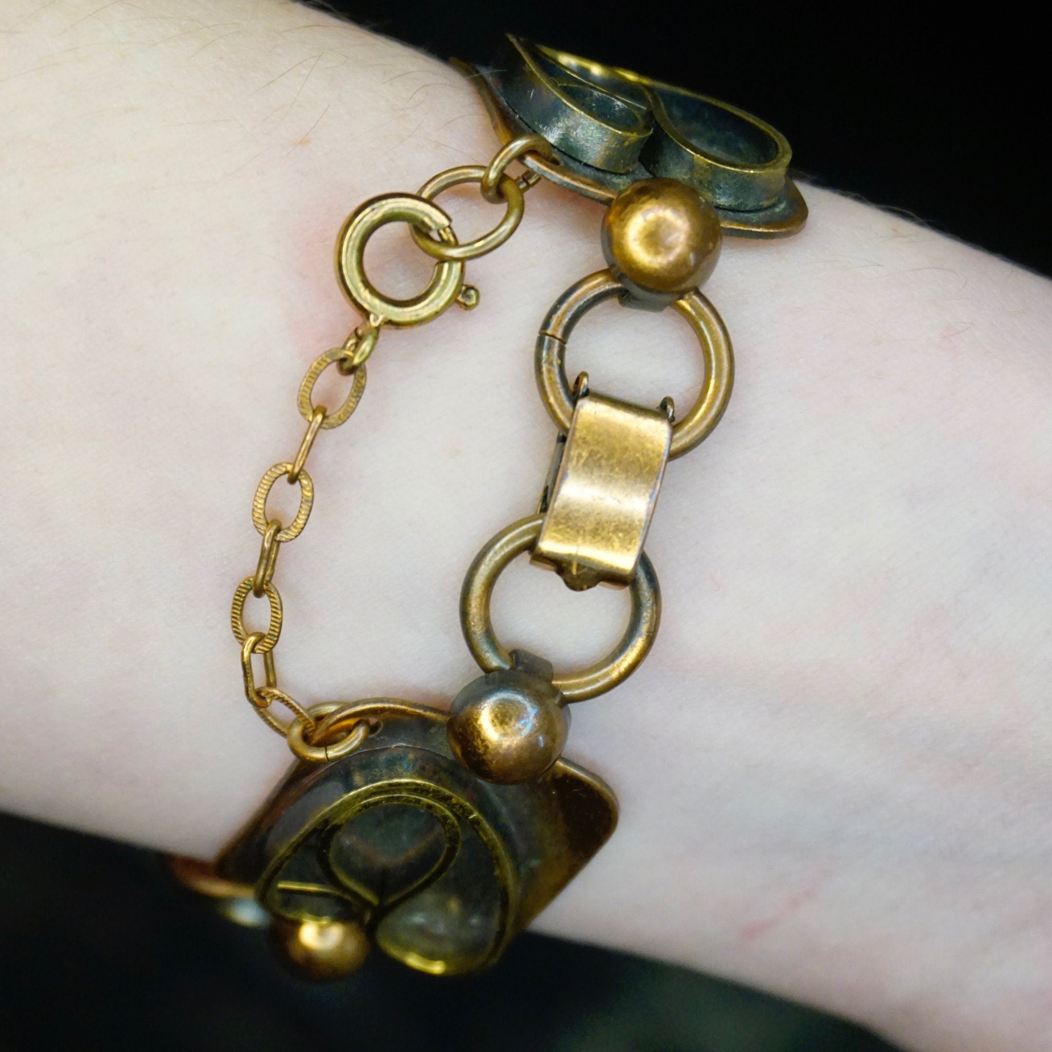 Vintage Artisan Copper Panel Link Bracelet, Oxidized Copper Link Bracelet With Abstract Brass Designs, Unique Copper Panel Bracelet, 7" Long