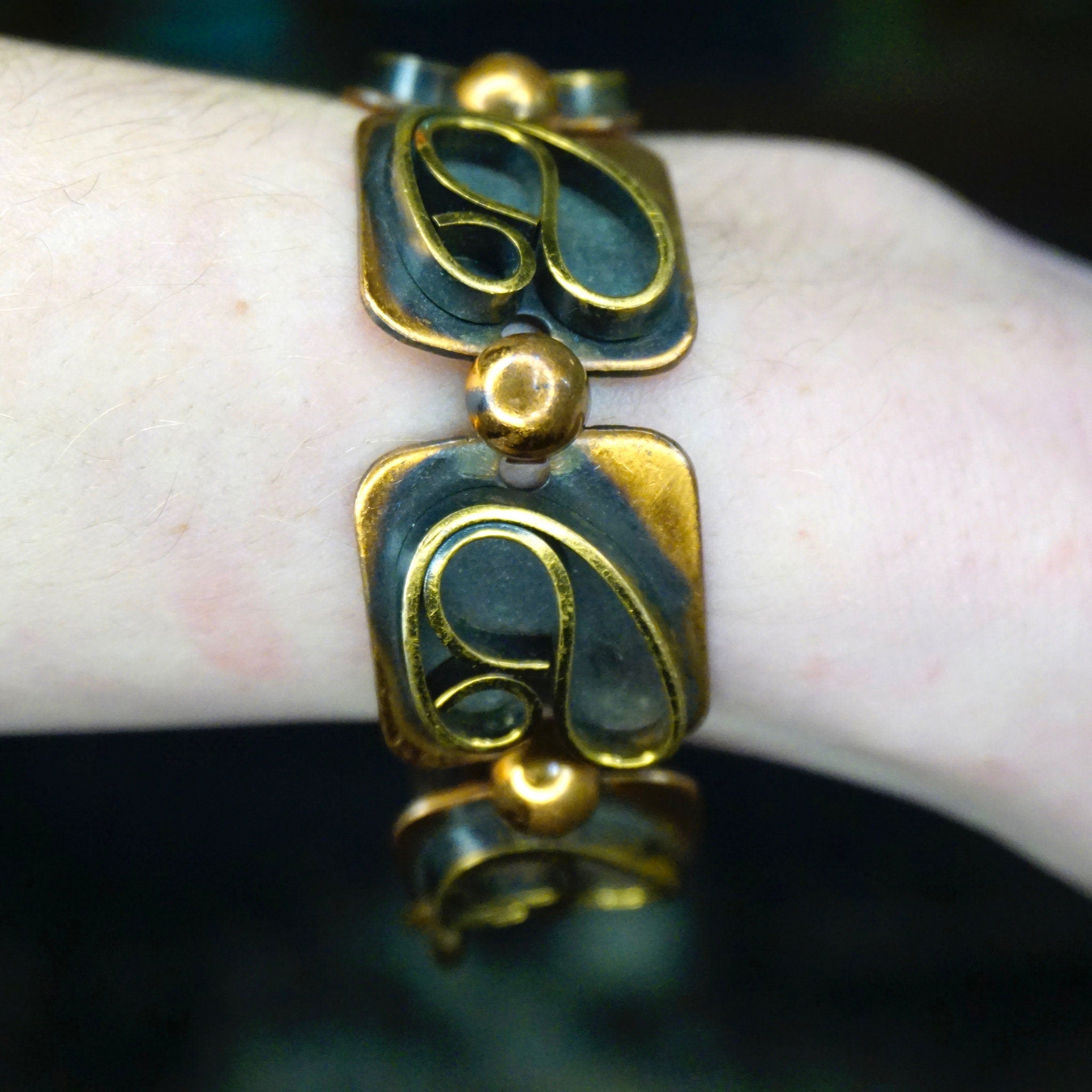 Vintage Artisan Copper Panel Link Bracelet, Oxidized Copper Link Bracelet With Abstract Brass Designs, Unique Copper Panel Bracelet, 7" Long