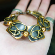 Vintage Artisan Copper Panel Link Bracelet, Oxidized Copper Link Bracelet With Abstract Brass Designs, Unique Copper Panel Bracelet, 7" Long