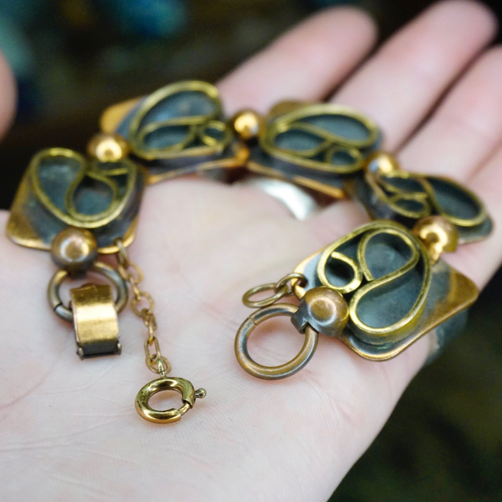 Vintage Artisan Copper Panel Link Bracelet, Oxidized Copper Link Bracelet With Abstract Brass Designs, Unique Copper Panel Bracelet, 7" Long