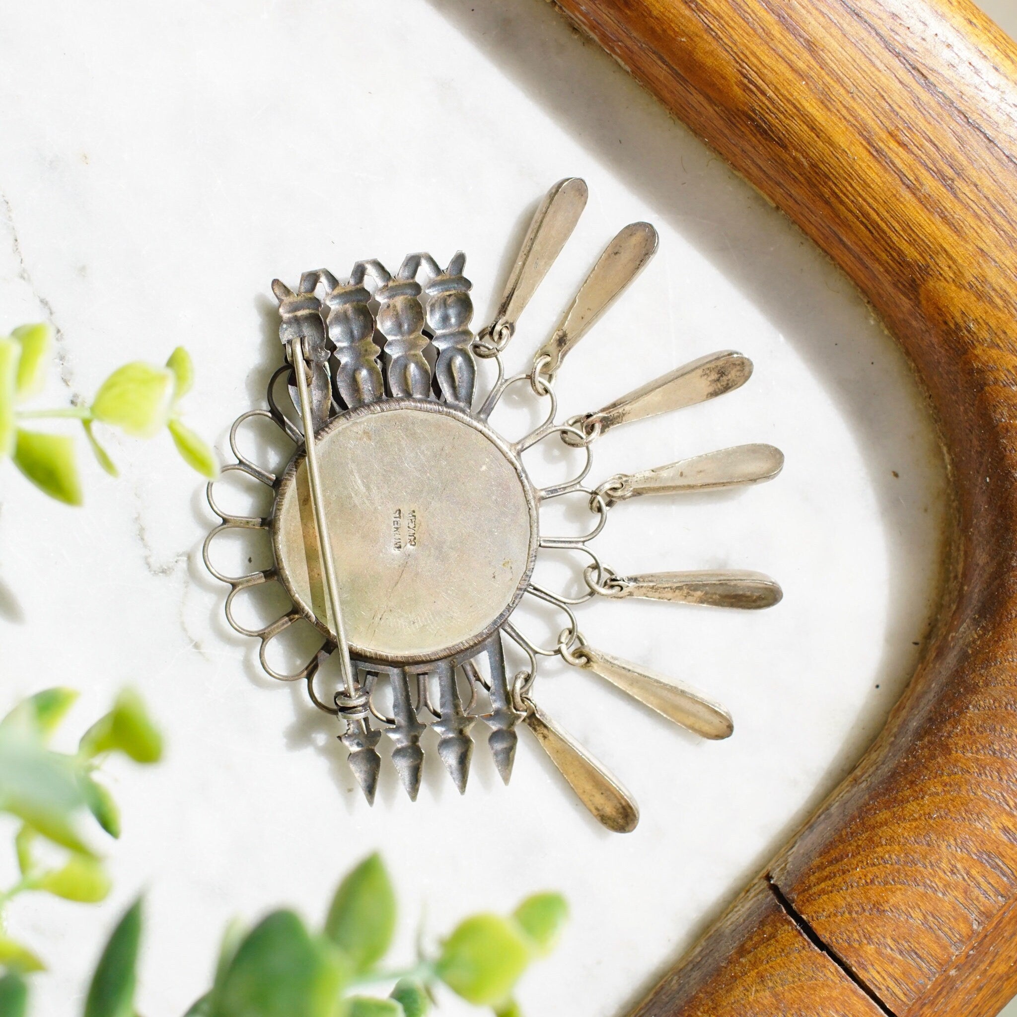 Vintage Mexico Sterling Brooch, Unique Silver Brooch With Geometric Designs & Silver Tassels, Silver Flower Pin With Accent Arrows, 925