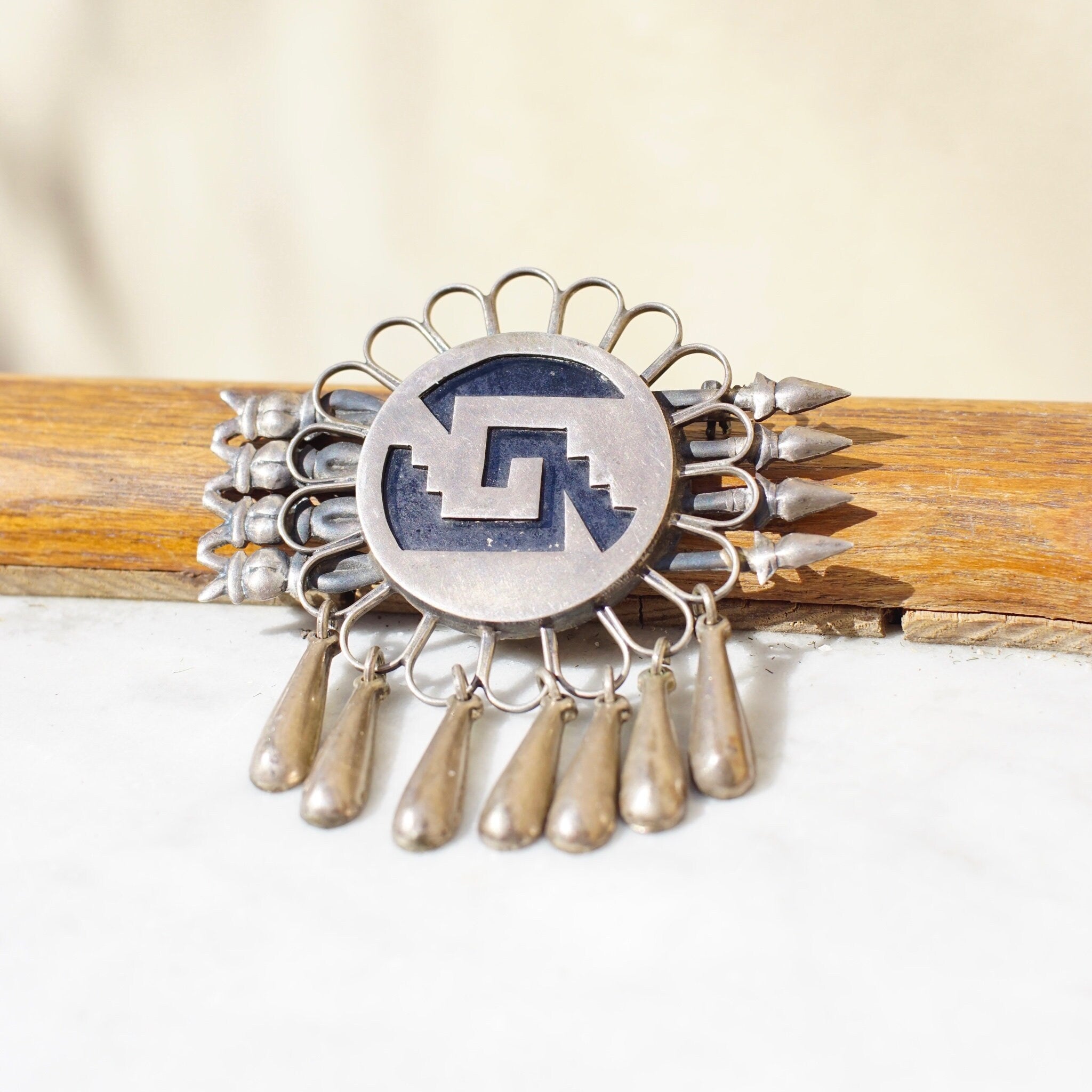 Vintage Mexico Sterling Brooch, Unique Silver Brooch With Geometric Designs & Silver Tassels, Silver Flower Pin With Accent Arrows, 925