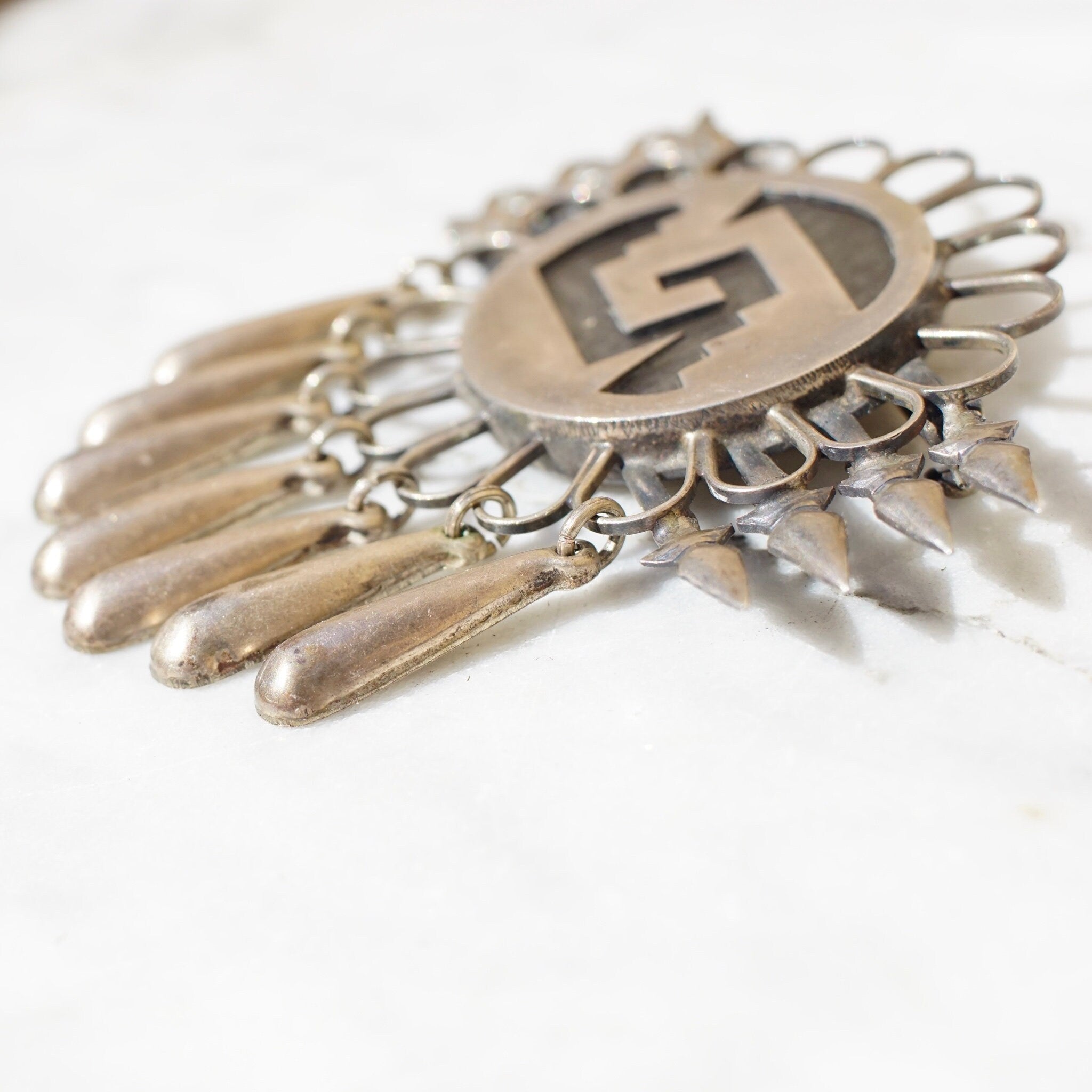 Vintage Mexico Sterling Brooch, Unique Silver Brooch With Geometric Designs & Silver Tassels, Silver Flower Pin With Accent Arrows, 925