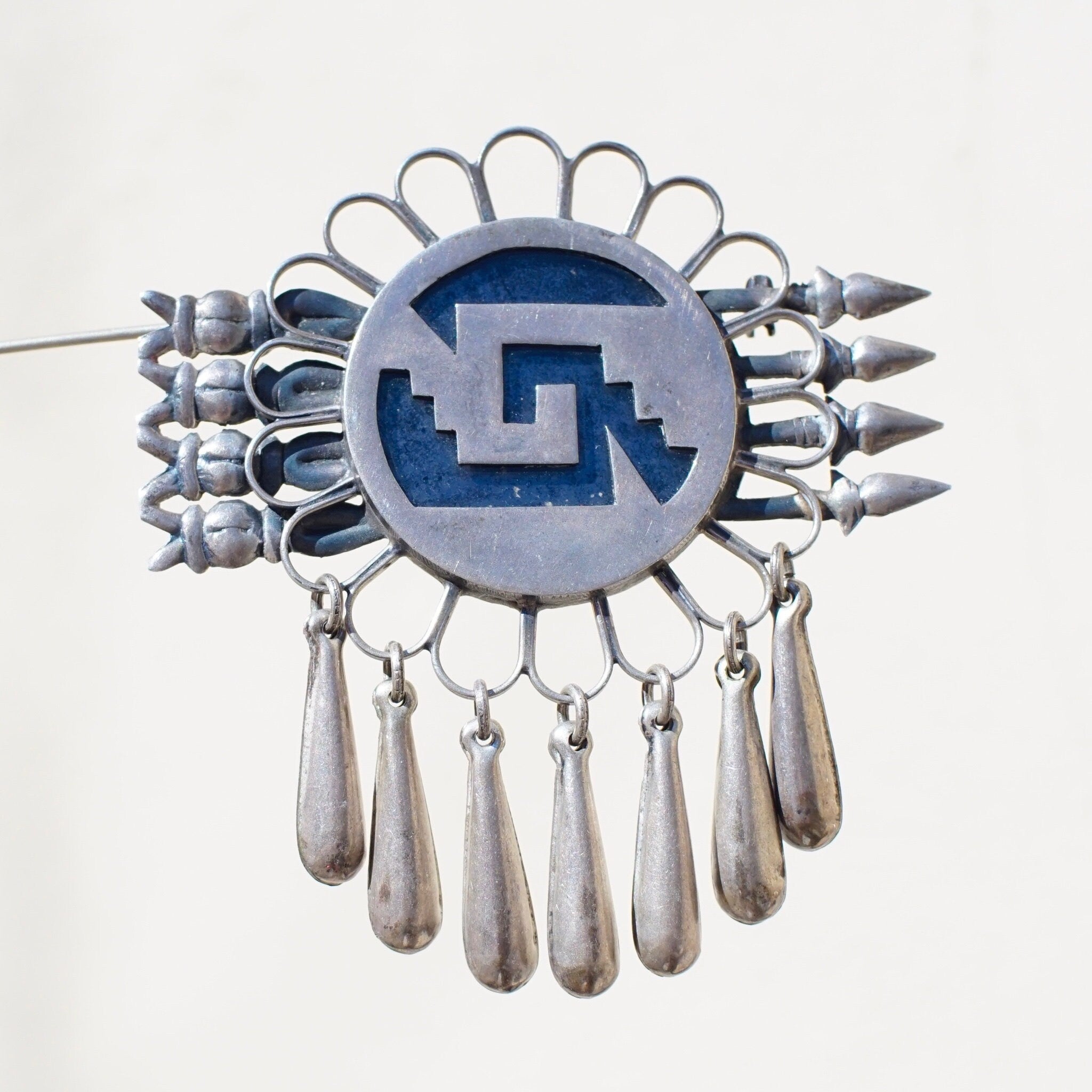 Vintage Mexico Sterling Brooch, Unique Silver Brooch With Geometric Designs & Silver Tassels, Silver Flower Pin With Accent Arrows, 925