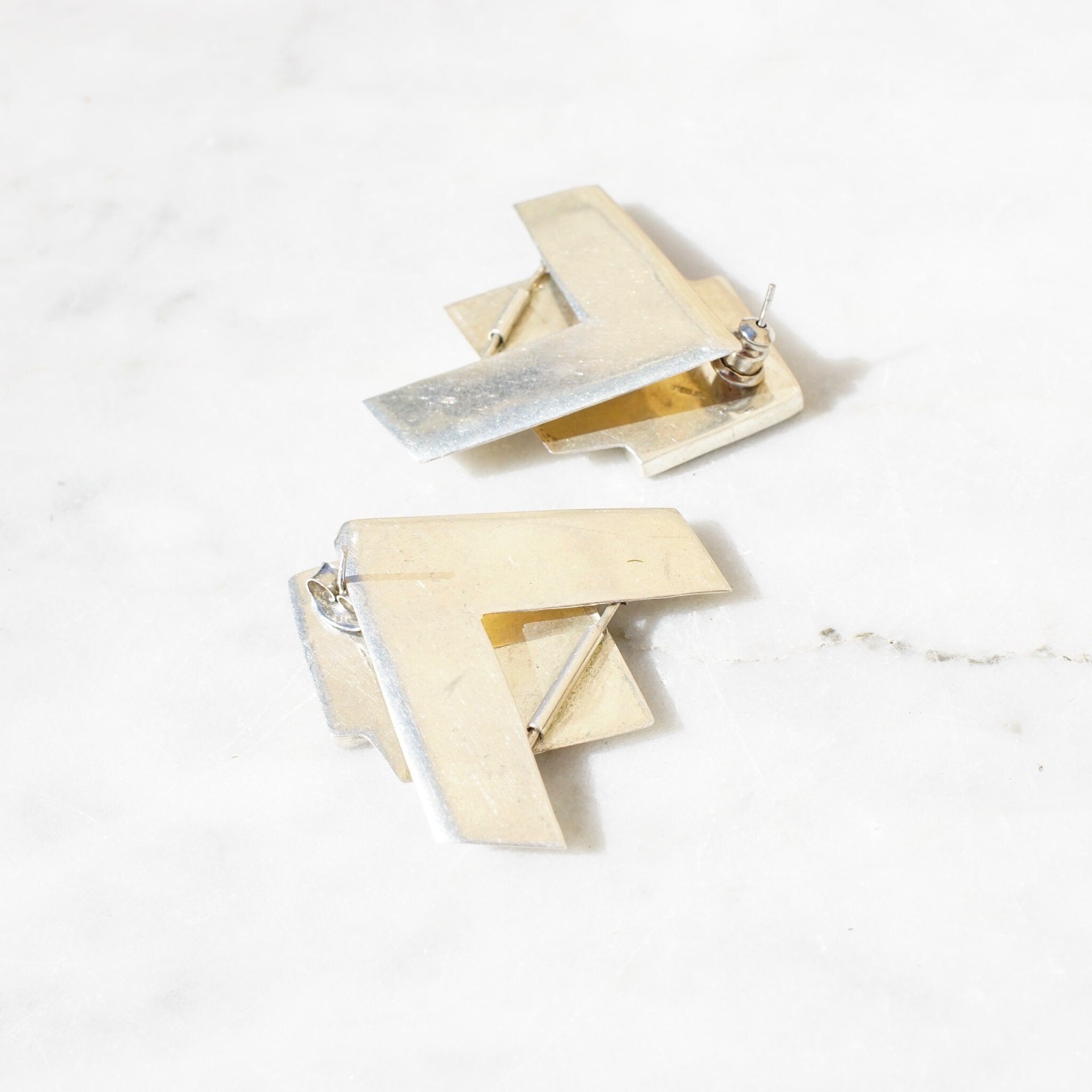 Vintage Sterling Silver Hinged Checker Earrings, Unique Stud Earrings With Inlaid Glass/Stone, Modernist Dangle Post Earrings, 925 Jewelry