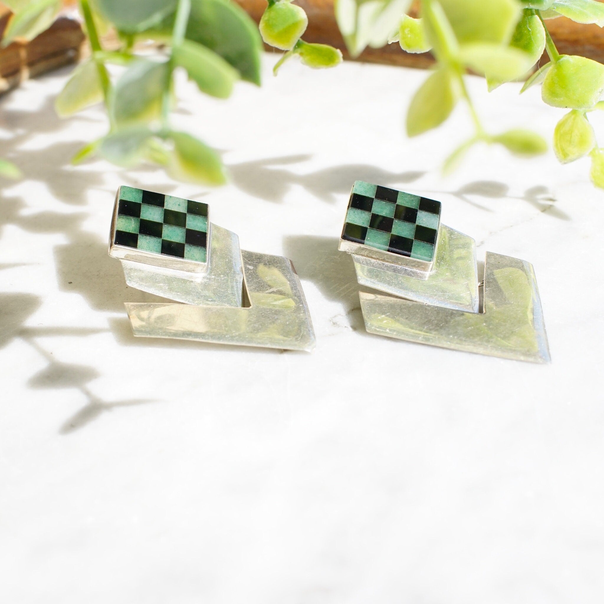 Vintage Sterling Silver Hinged Checker Earrings, Unique Stud Earrings With Inlaid Glass/Stone, Modernist Dangle Post Earrings, 925 Jewelry