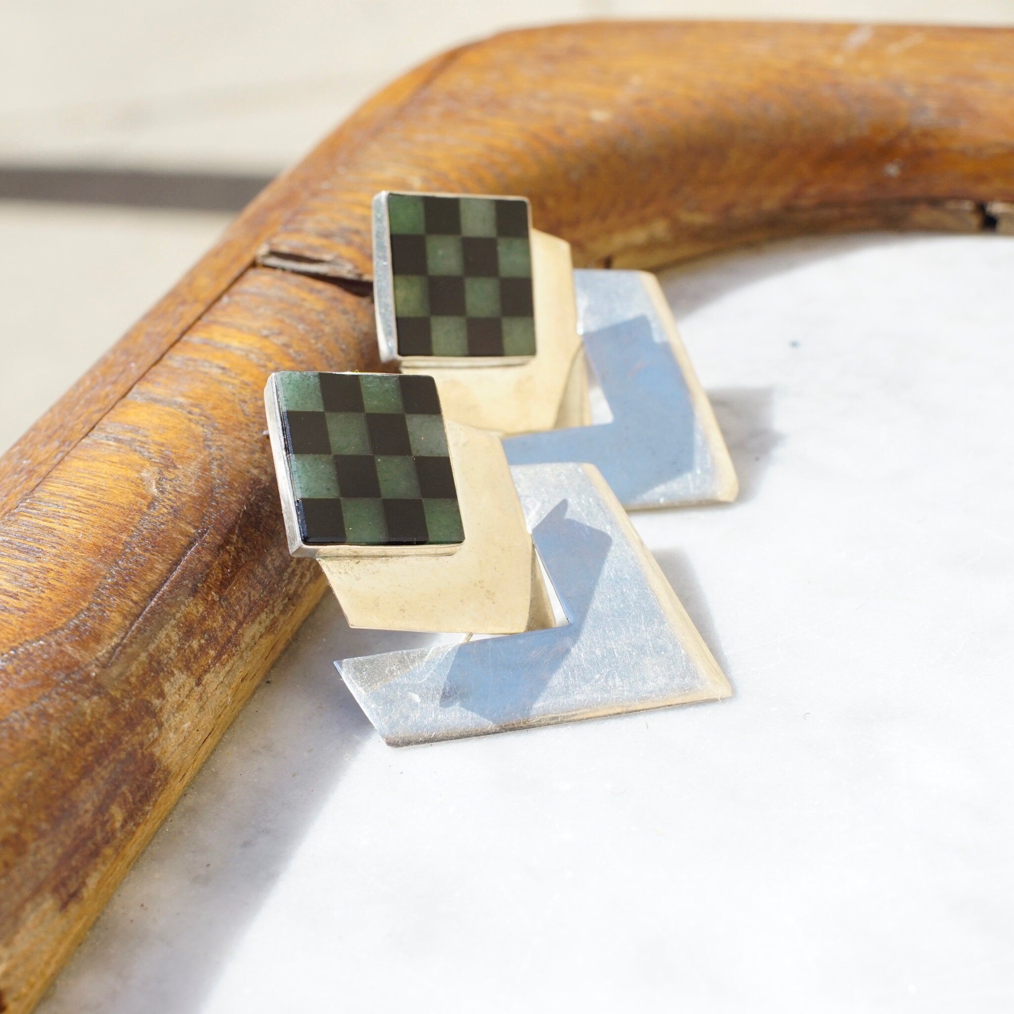 Vintage Sterling Silver Hinged Checker Earrings, Unique Stud Earrings With Inlaid Glass/Stone, Modernist Dangle Post Earrings, 925 Jewelry