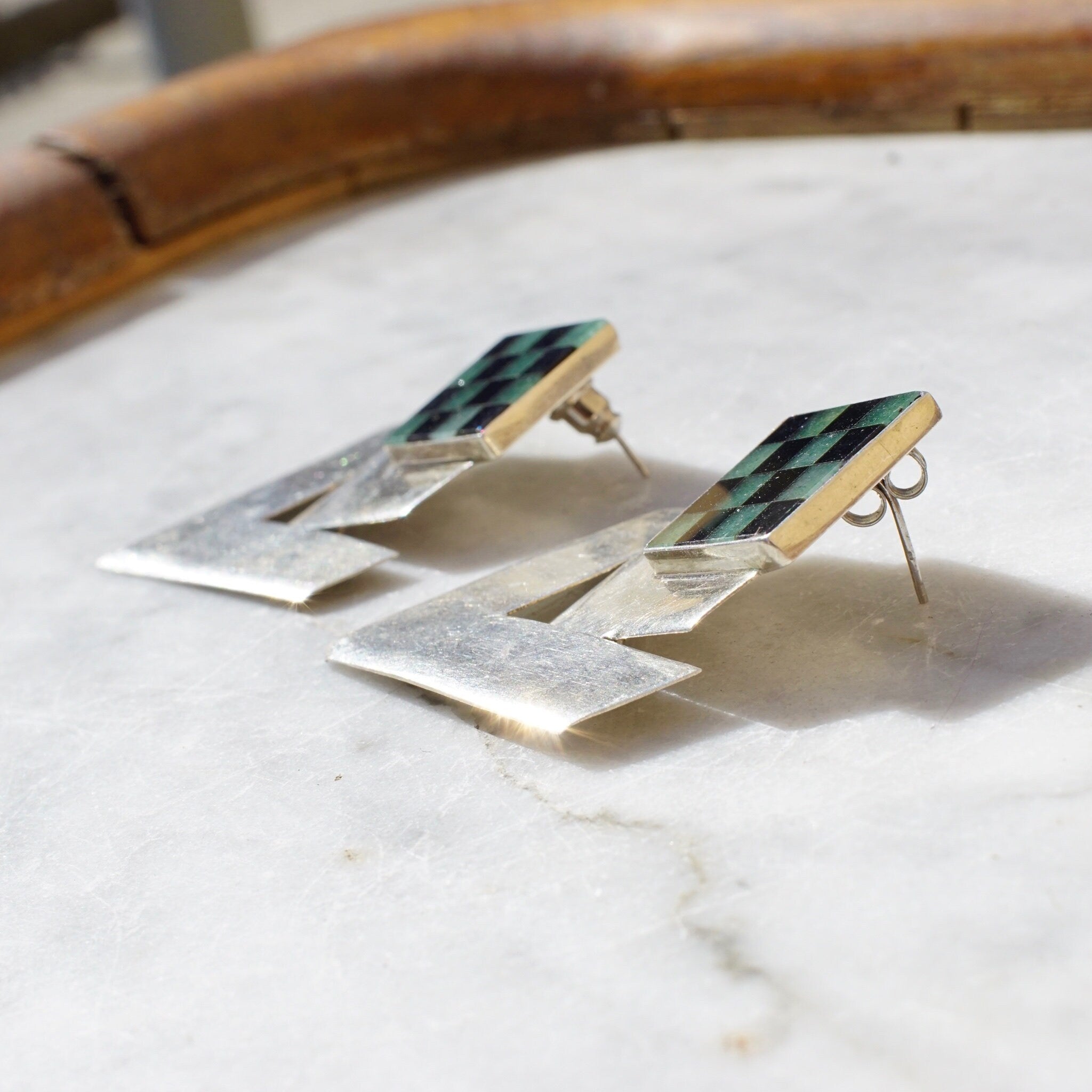 Vintage Sterling Silver Hinged Checker Earrings, Unique Stud Earrings With Inlaid Glass/Stone, Modernist Dangle Post Earrings, 925 Jewelry