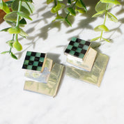 Vintage Sterling Silver Hinged Checker Earrings, Unique Stud Earrings With Inlaid Glass/Stone, Modernist Dangle Post Earrings, 925 Jewelry