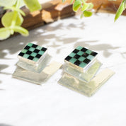 Vintage Sterling Silver Hinged Checker Earrings, Unique Stud Earrings With Inlaid Glass/Stone, Modernist Dangle Post Earrings, 925 Jewelry