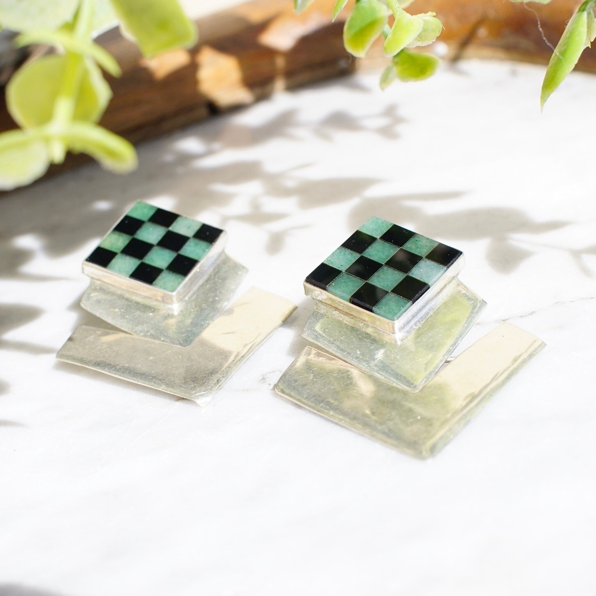 Vintage Sterling Silver Hinged Checker Earrings, Unique Stud Earrings With Inlaid Glass/Stone, Modernist Dangle Post Earrings, 925 Jewelry