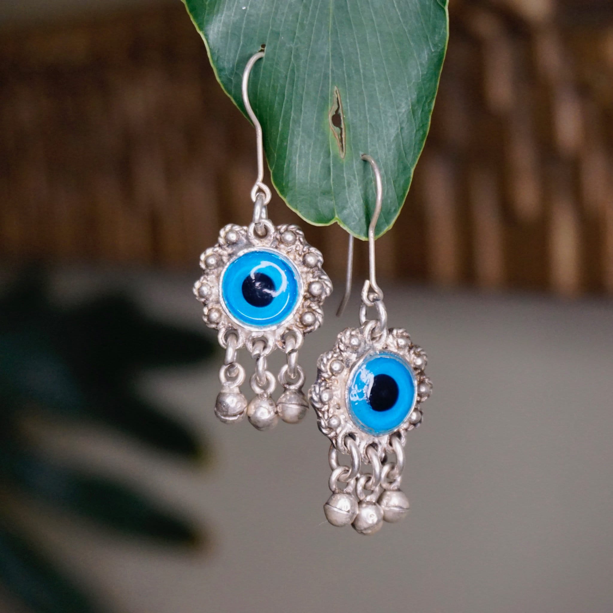 Vintage Evil Eye Dangle Earrings, Unique Silver & Glass Fish Hook Earrings, Evil Eye Earrings With Silver Tassels, Talisman Jewelry