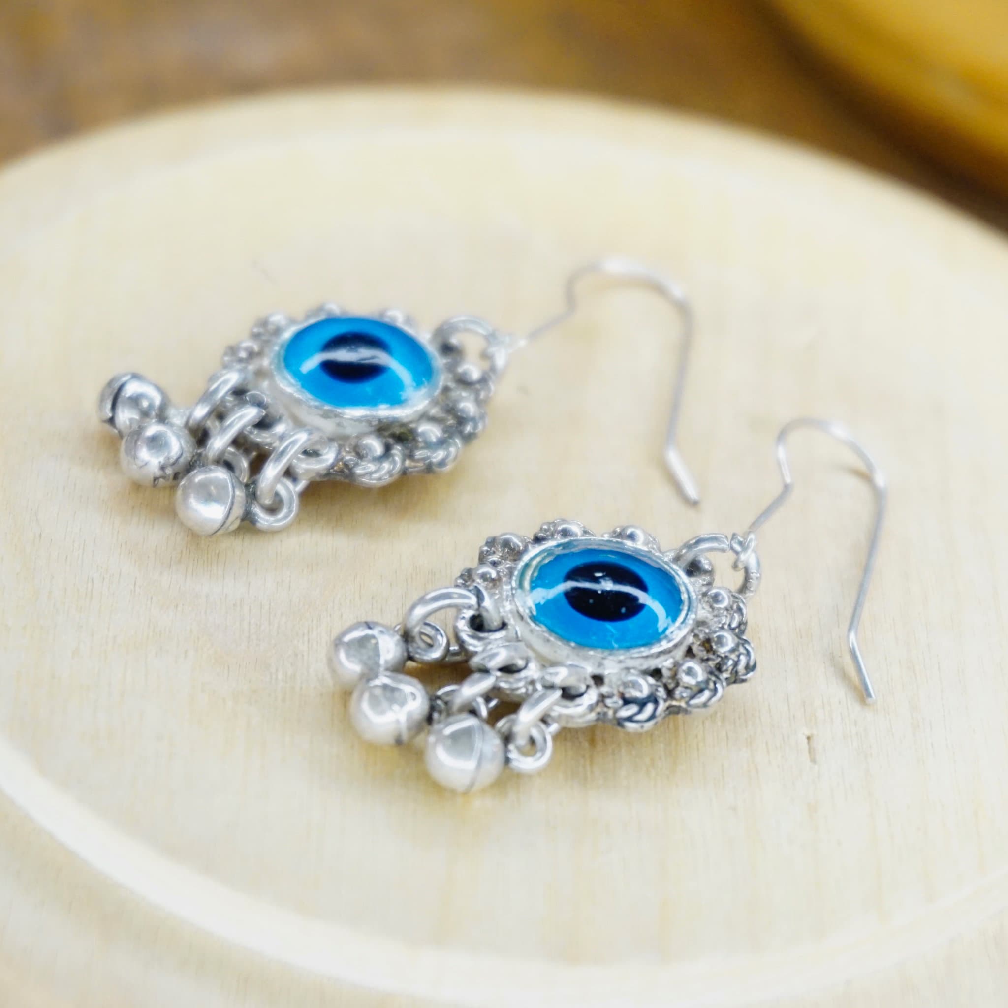 Vintage Evil Eye Dangle Earrings, Unique Silver & Glass Fish Hook Earrings, Evil Eye Earrings With Silver Tassels, Talisman Jewelry