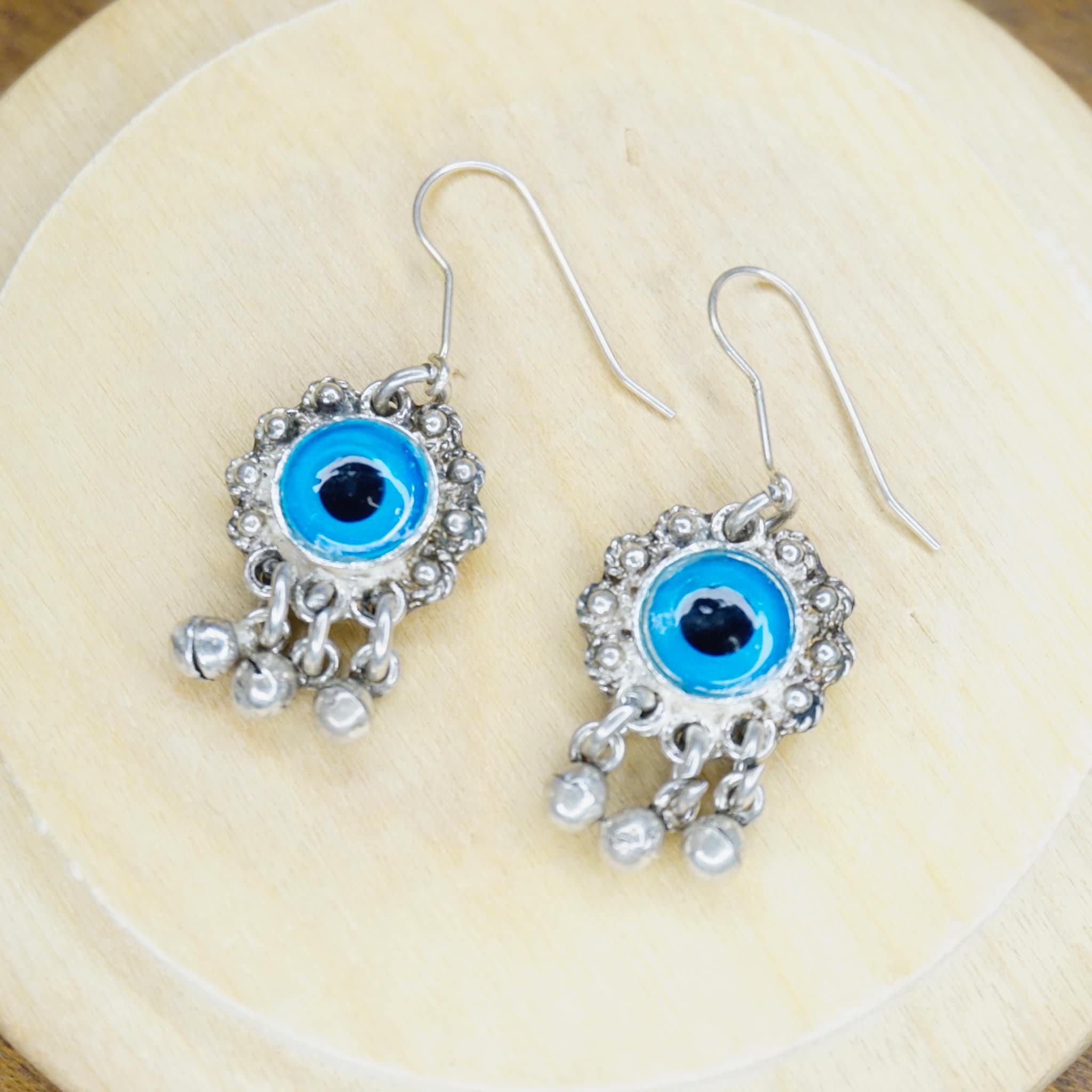 Vintage Evil Eye Dangle Earrings, Unique Silver & Glass Fish Hook Earrings, Evil Eye Earrings With Silver Tassels, Talisman Jewelry