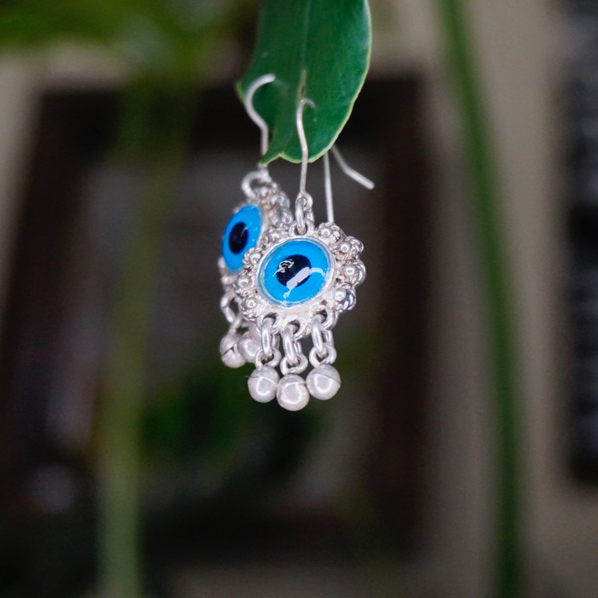 Vintage Evil Eye Dangle Earrings, Unique Silver & Glass Fish Hook Earrings, Evil Eye Earrings With Silver Tassels, Talisman Jewelry