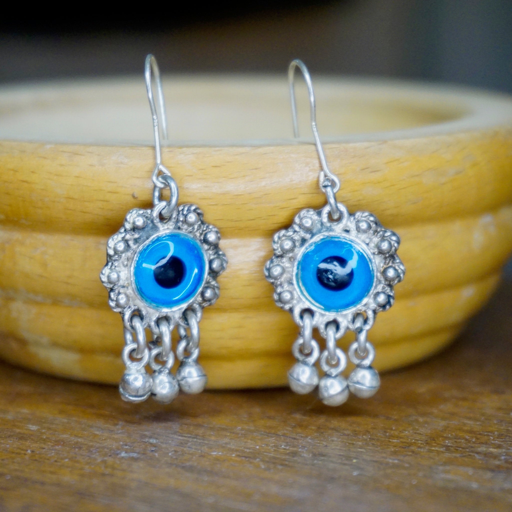 Vintage Evil Eye Dangle Earrings, Unique Silver & Glass Fish Hook Earrings, Evil Eye Earrings With Silver Tassels, Talisman Jewelry