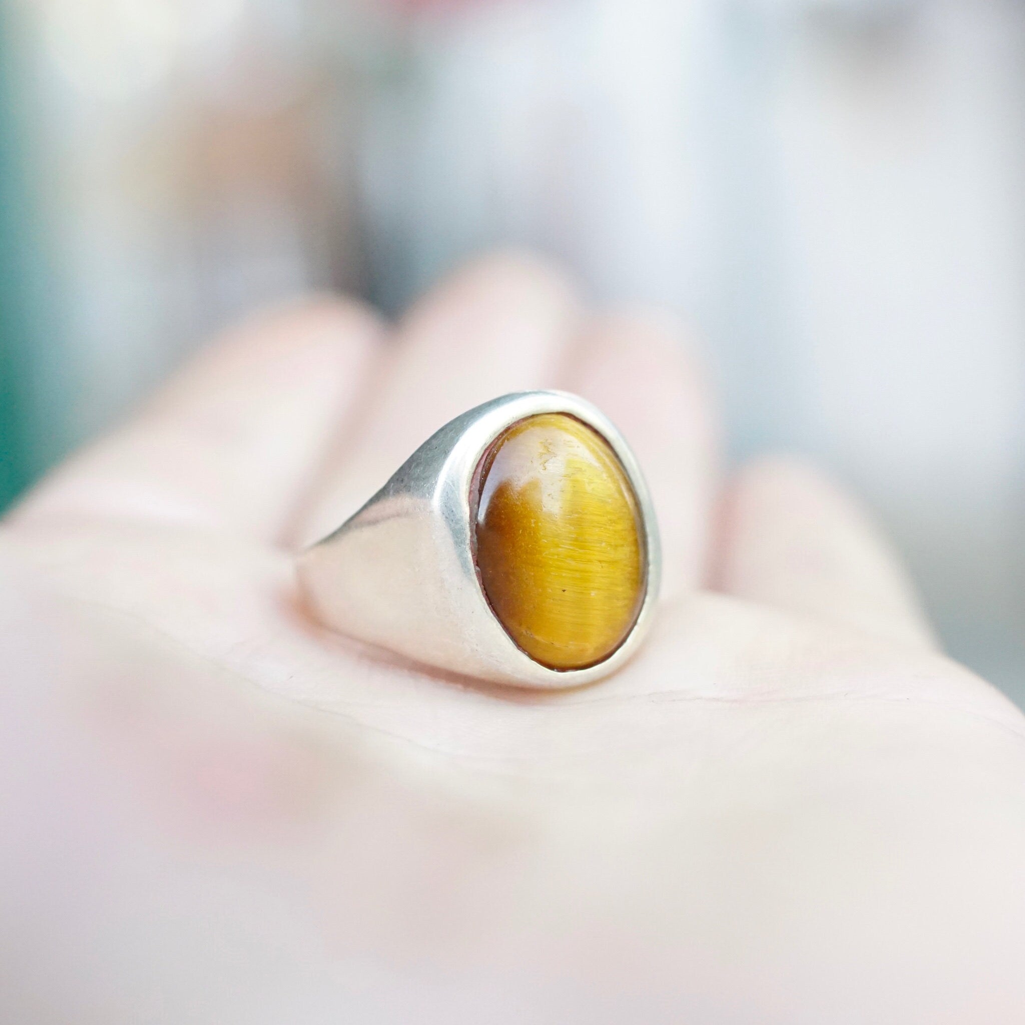 Vintage Tigers Eye Sterling Silver Ring, Minimalist Silver Ring With Oval Gemstone, Beautiful Tigers Eye Ring, 925 Jewelry, Size 11 US