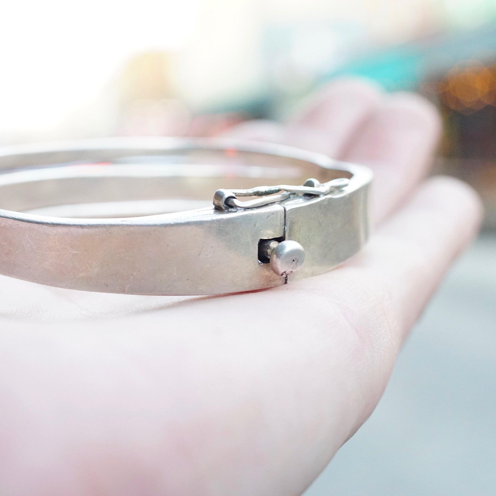 Vintage Sterling Silver Cut Out Bracelet, TAXCO Solid Silver Hinged Bangle, Modernist Bracelet With Cut Out Design, Mexico 925, 6 1/2" L
