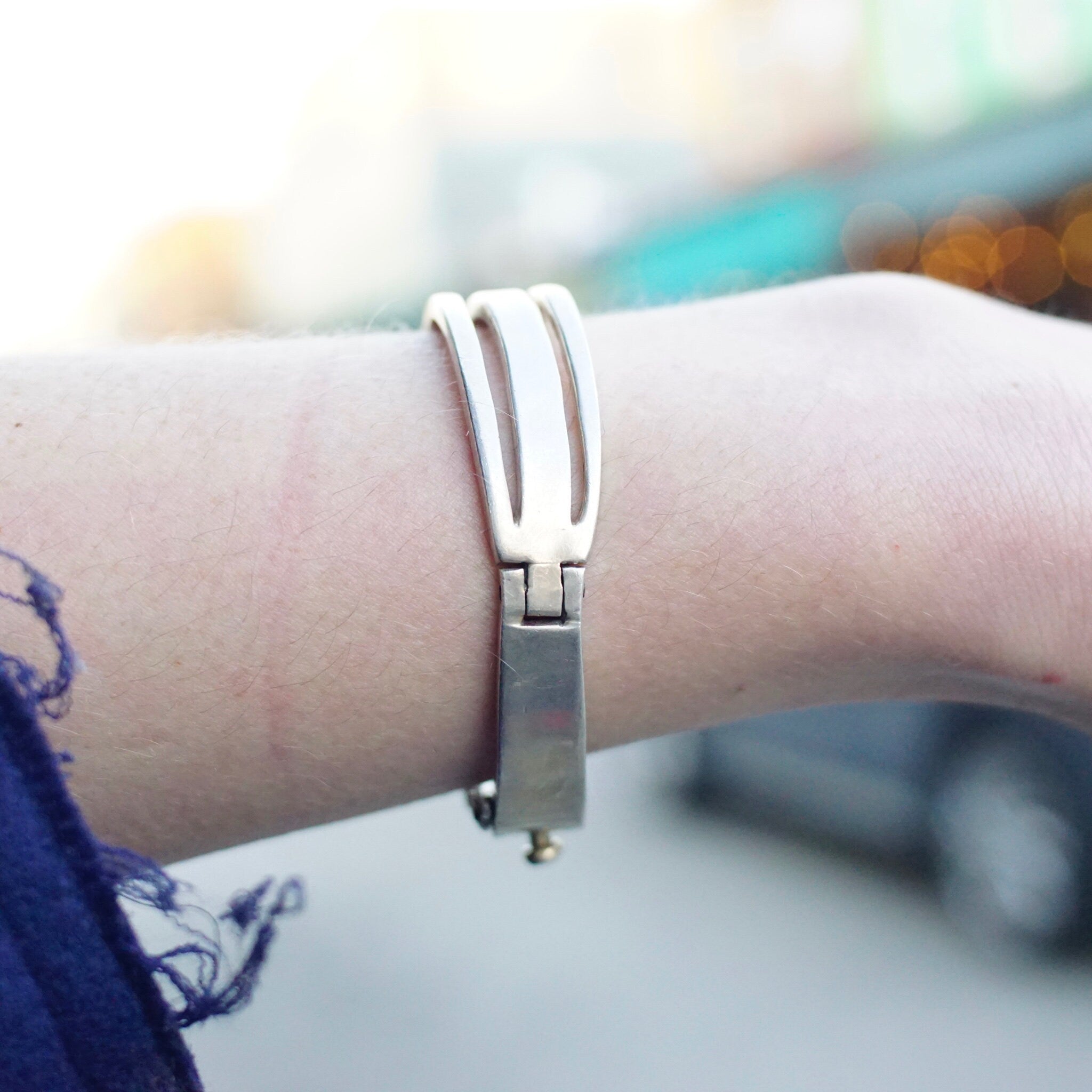 Vintage Sterling Silver Cut Out Bracelet, TAXCO Solid Silver Hinged Bangle, Modernist Bracelet With Cut Out Design, Mexico 925, 6 1/2" L